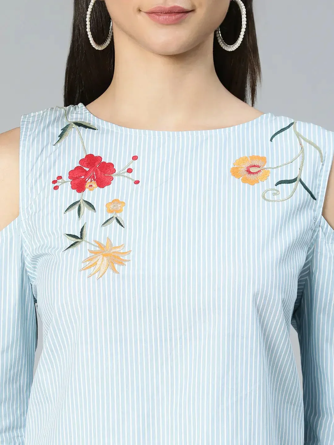 Windy Blue Stripe & Embroidered Cold Shoulder Women Top - Image 6