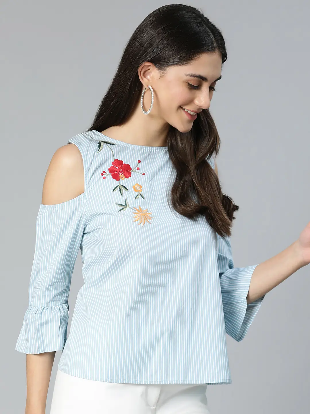 Windy Blue Stripe & Embroidered Cold Shoulder Women Top - Image 4