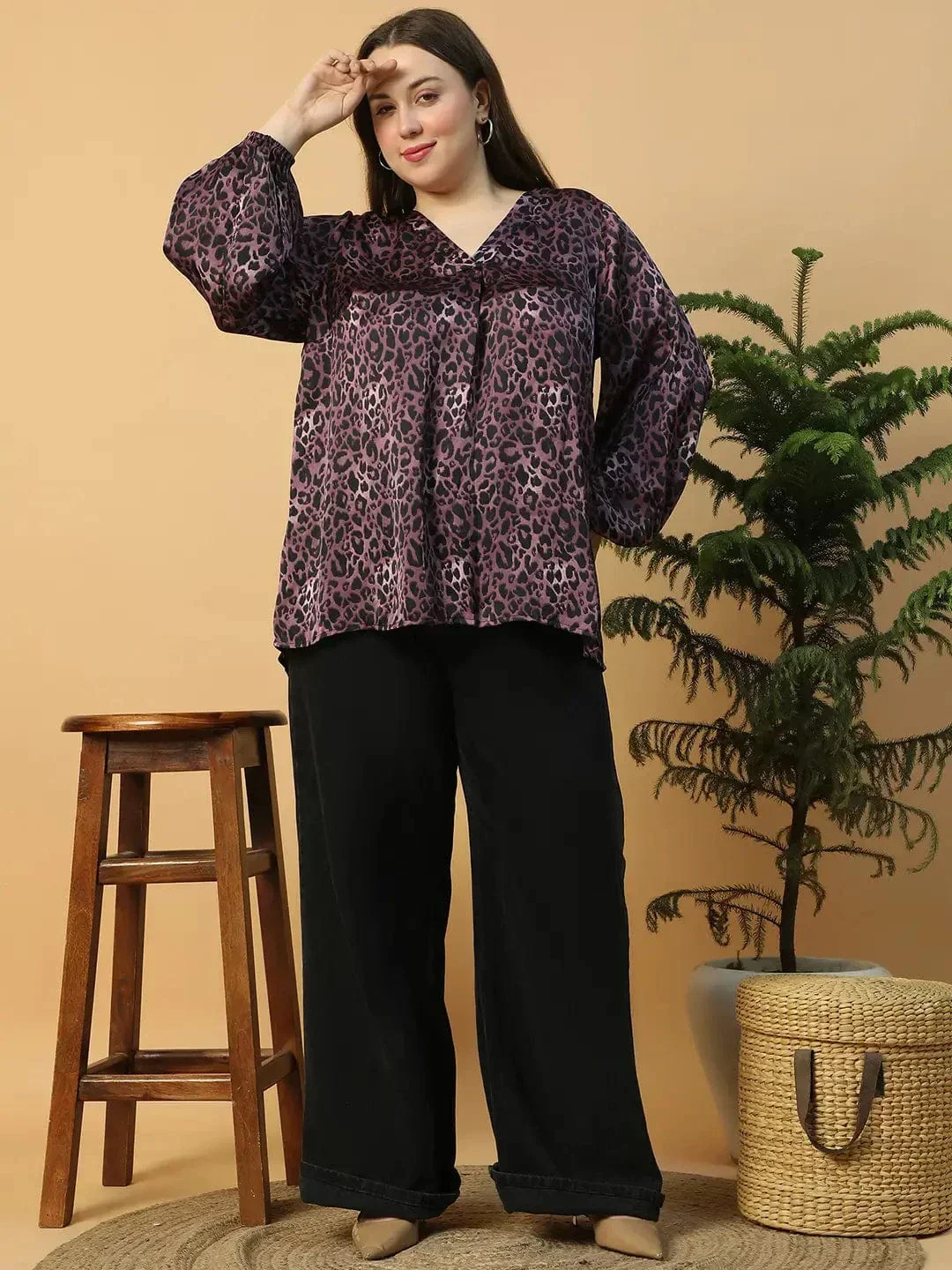 Wine Animal Print V- Neck Long Sleeve Plus Size Women Satin Top - Image 2