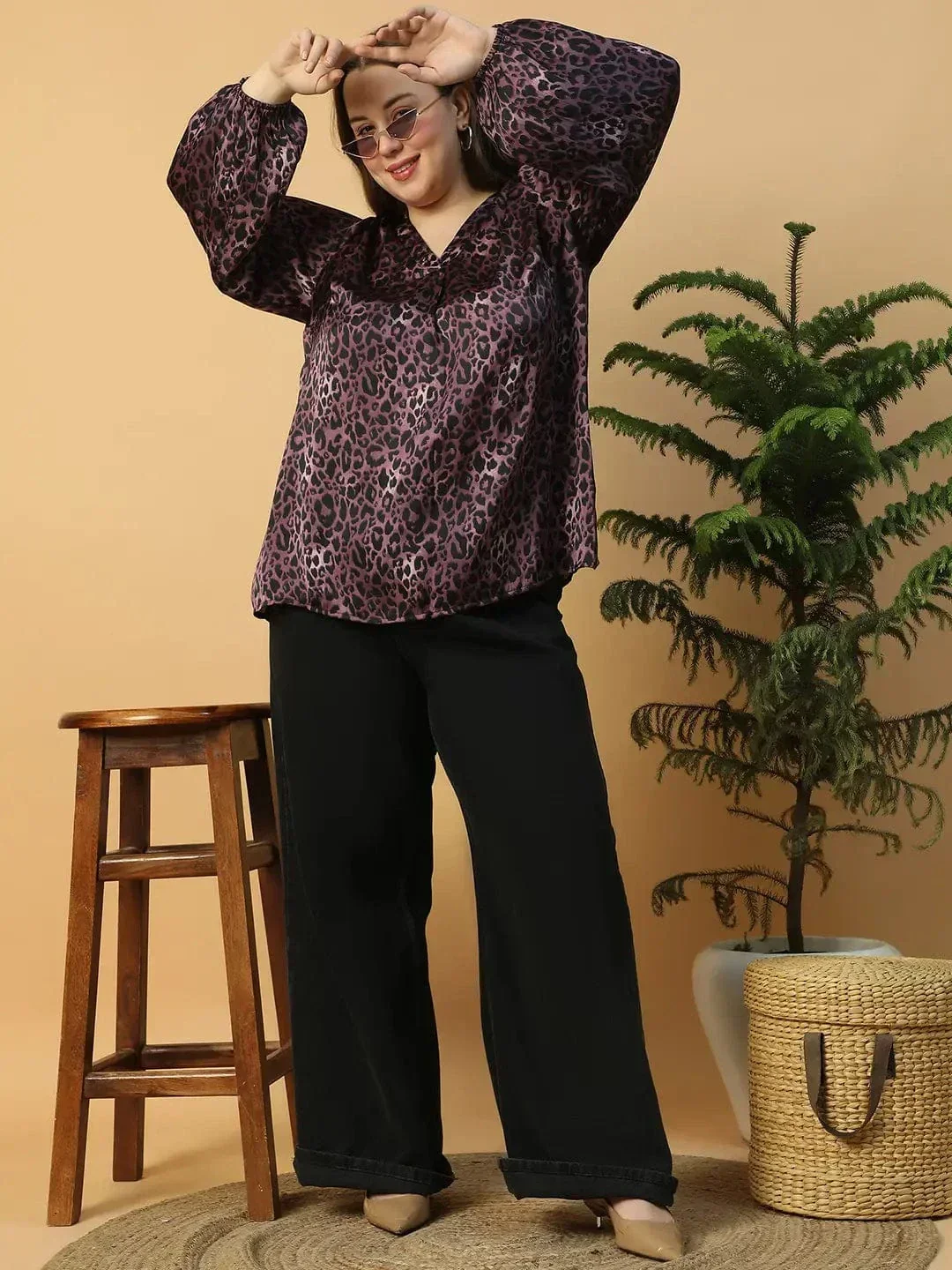 Wine Animal Print V- Neck Long Sleeve Plus Size Women Satin Top - Image 8