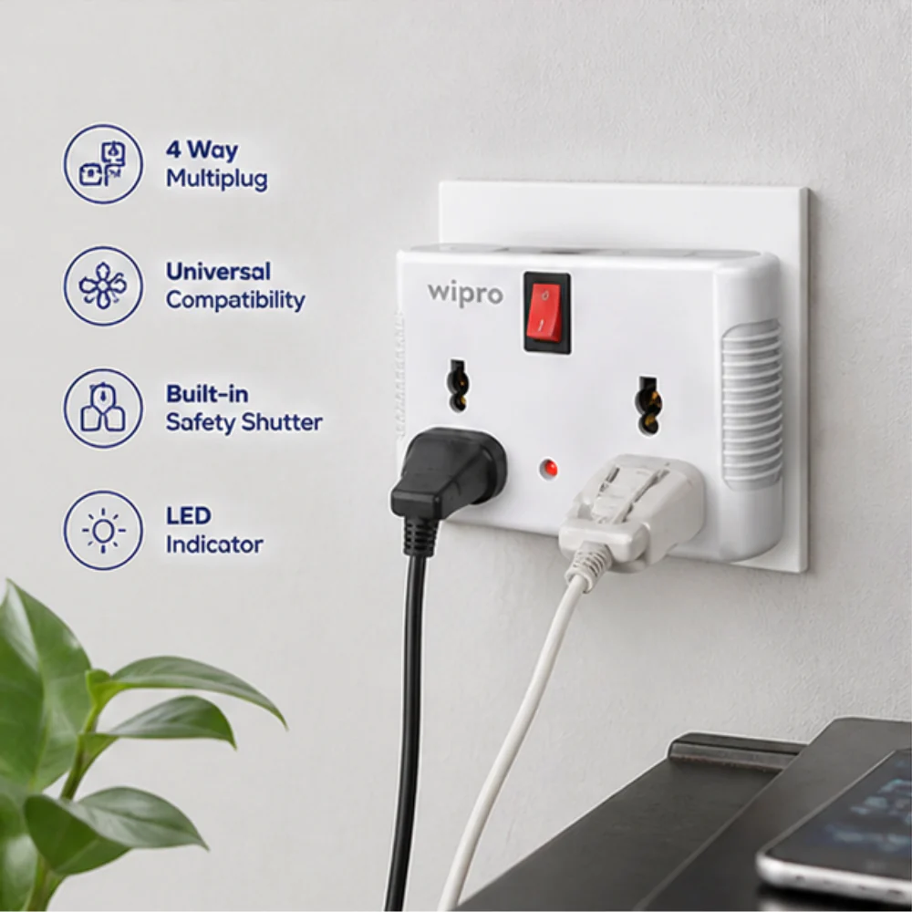 Wipro 4 Way Multiplug Adaptor With 2 Universal Sockets - Surge Protection - Image 2