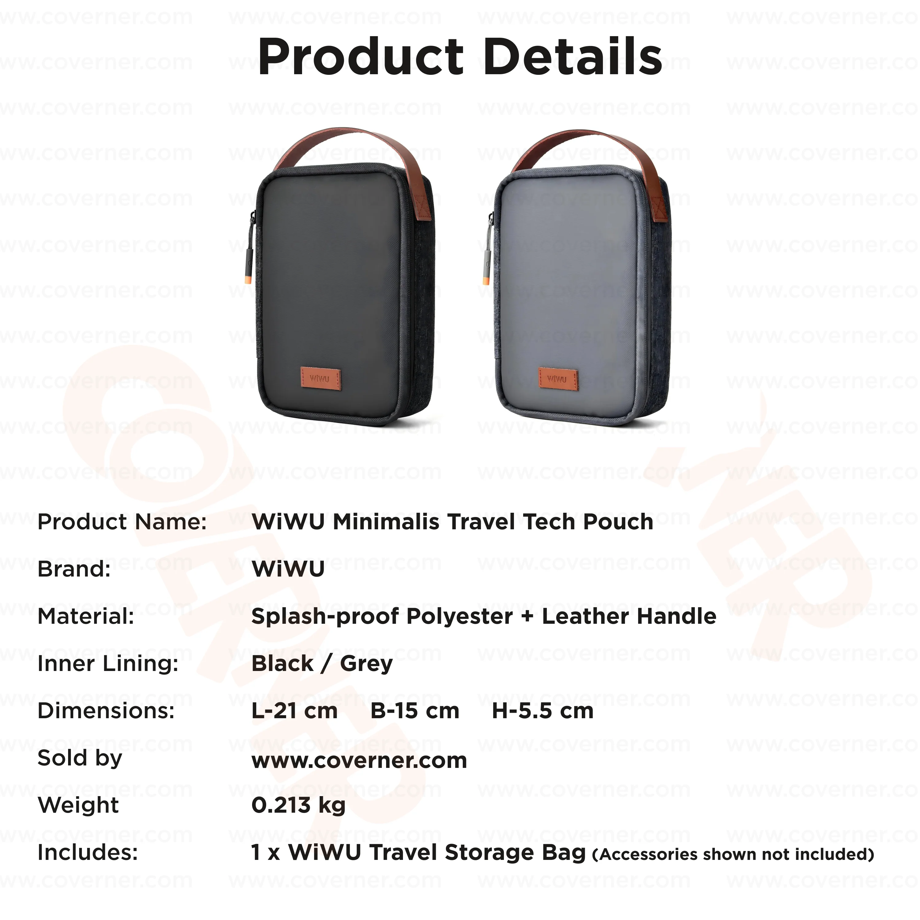 WiWU Minimalis Travel Tech Pouch – Splash-Proof Organizer with Leather Strap (Black/Gray) | Coverner India - Image 14