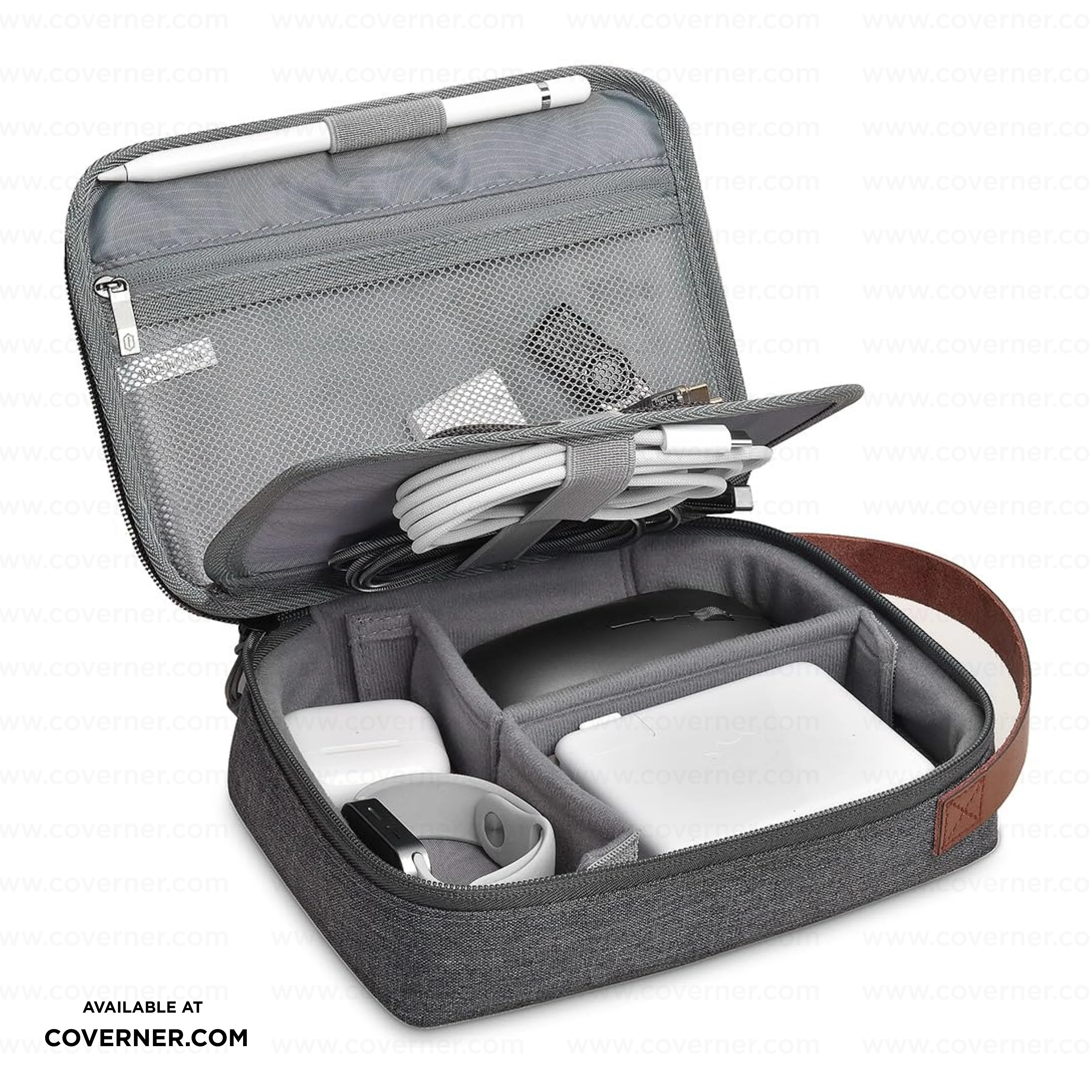 WiWU Minimalis Travel Tech Pouch – Splash-Proof Organizer with Leather Strap (Black/Gray) | Coverner India - Image 3