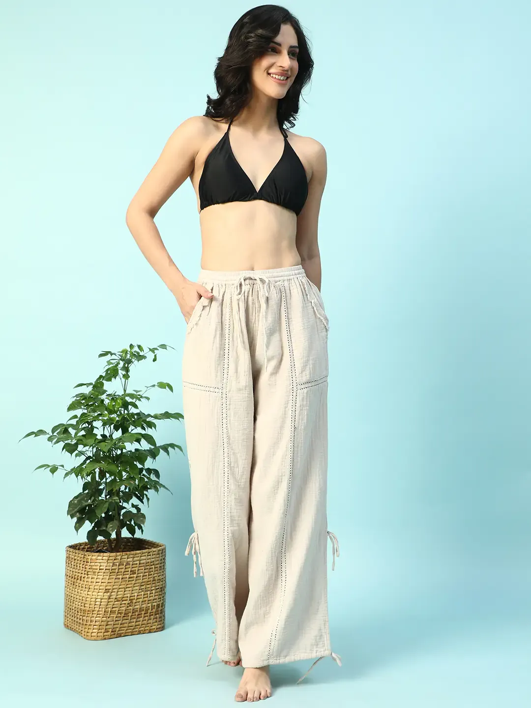 Women Beige Cotton Elastic Waist with Tie-Up Beachwear Pant - Image 3