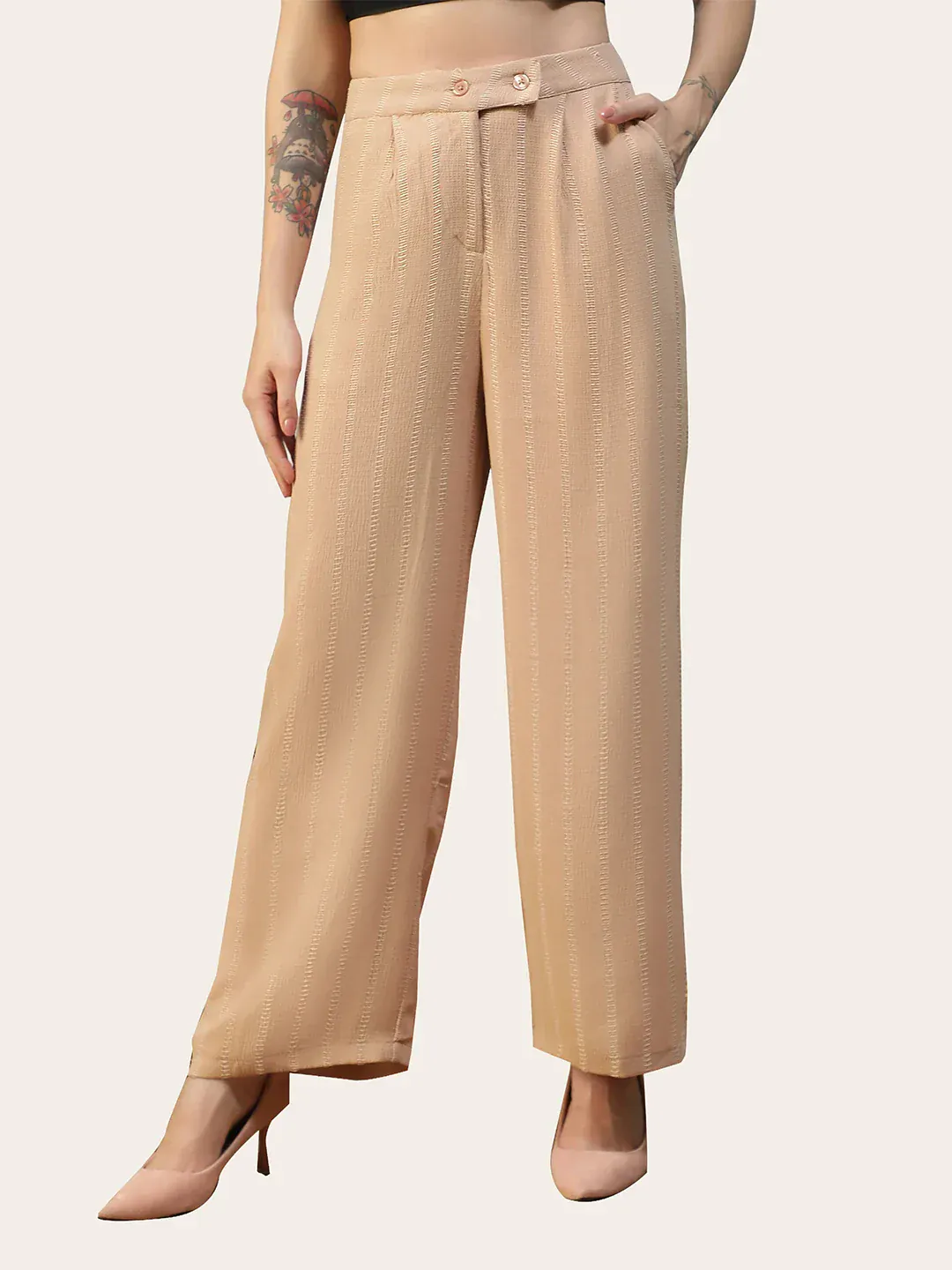 Women Beige Straight Pants with Zip & Button Closure