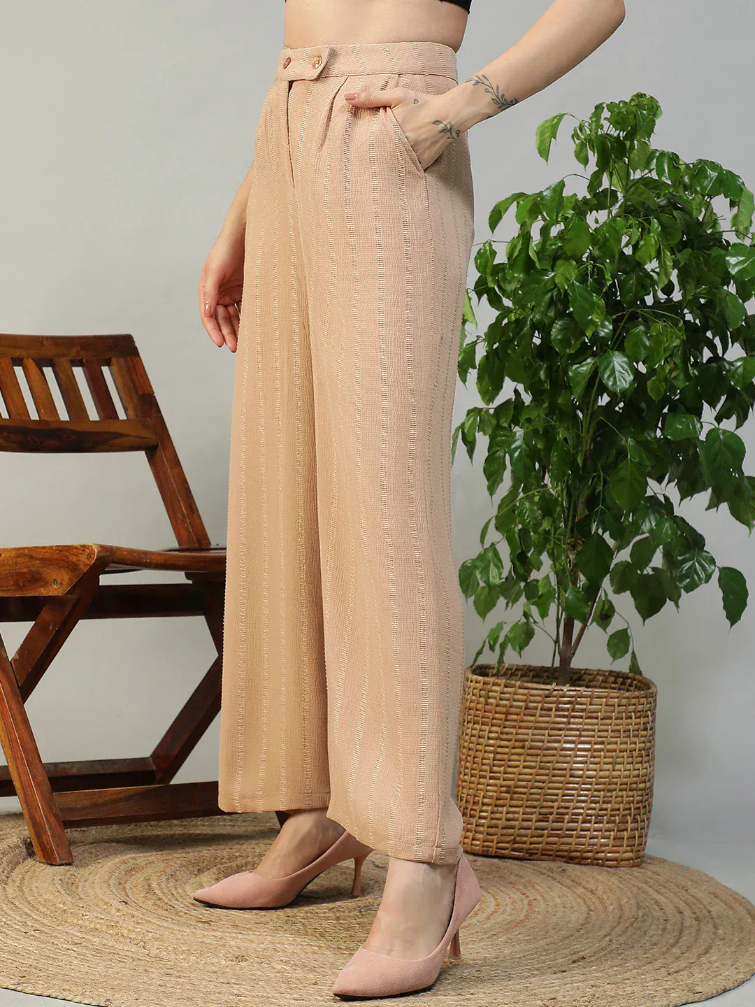 Women Beige Straight Pants with Zip & Button Closure - Image 3