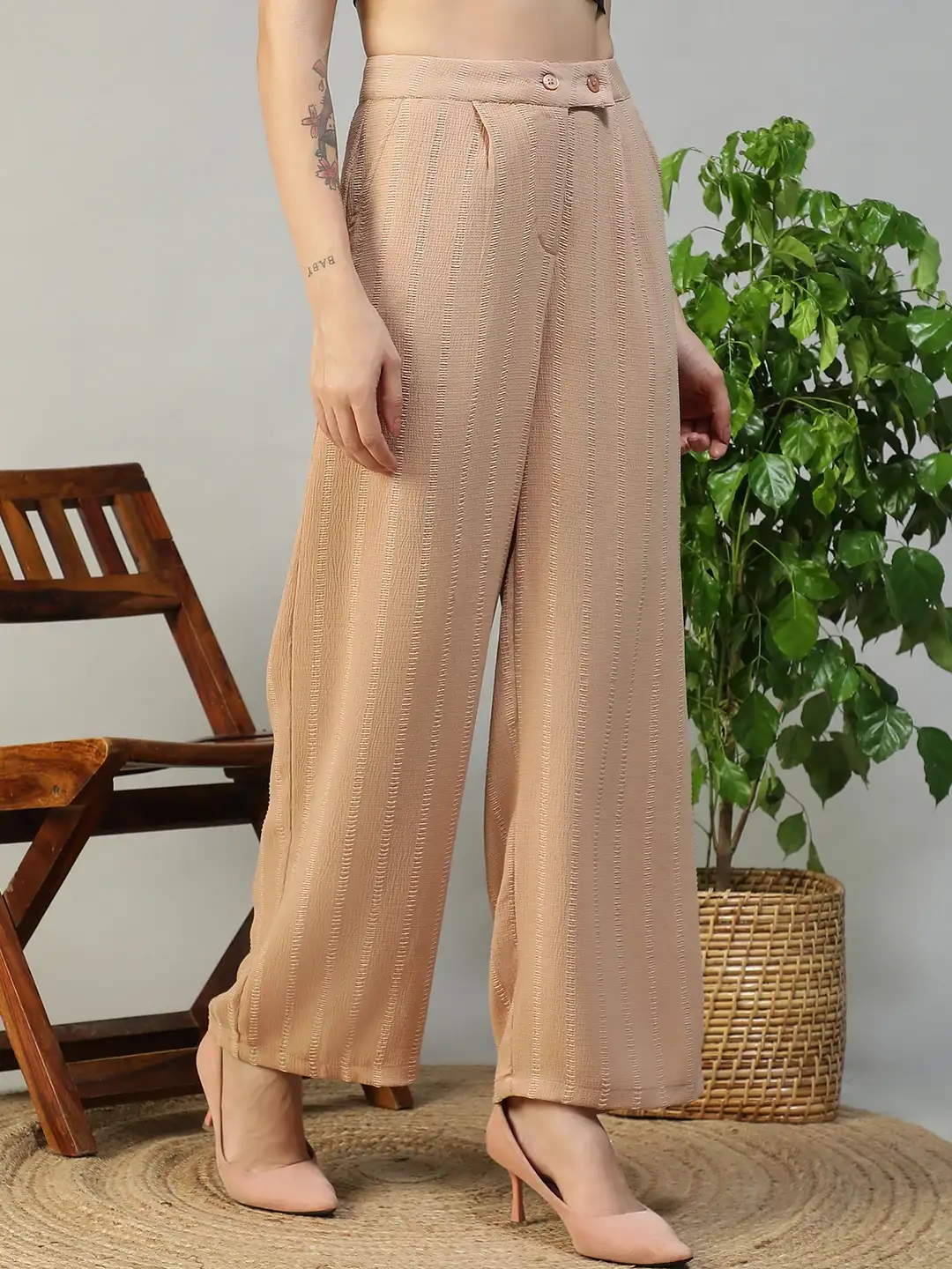 Women Beige Straight Pants with Zip & Button Closure - Image 4