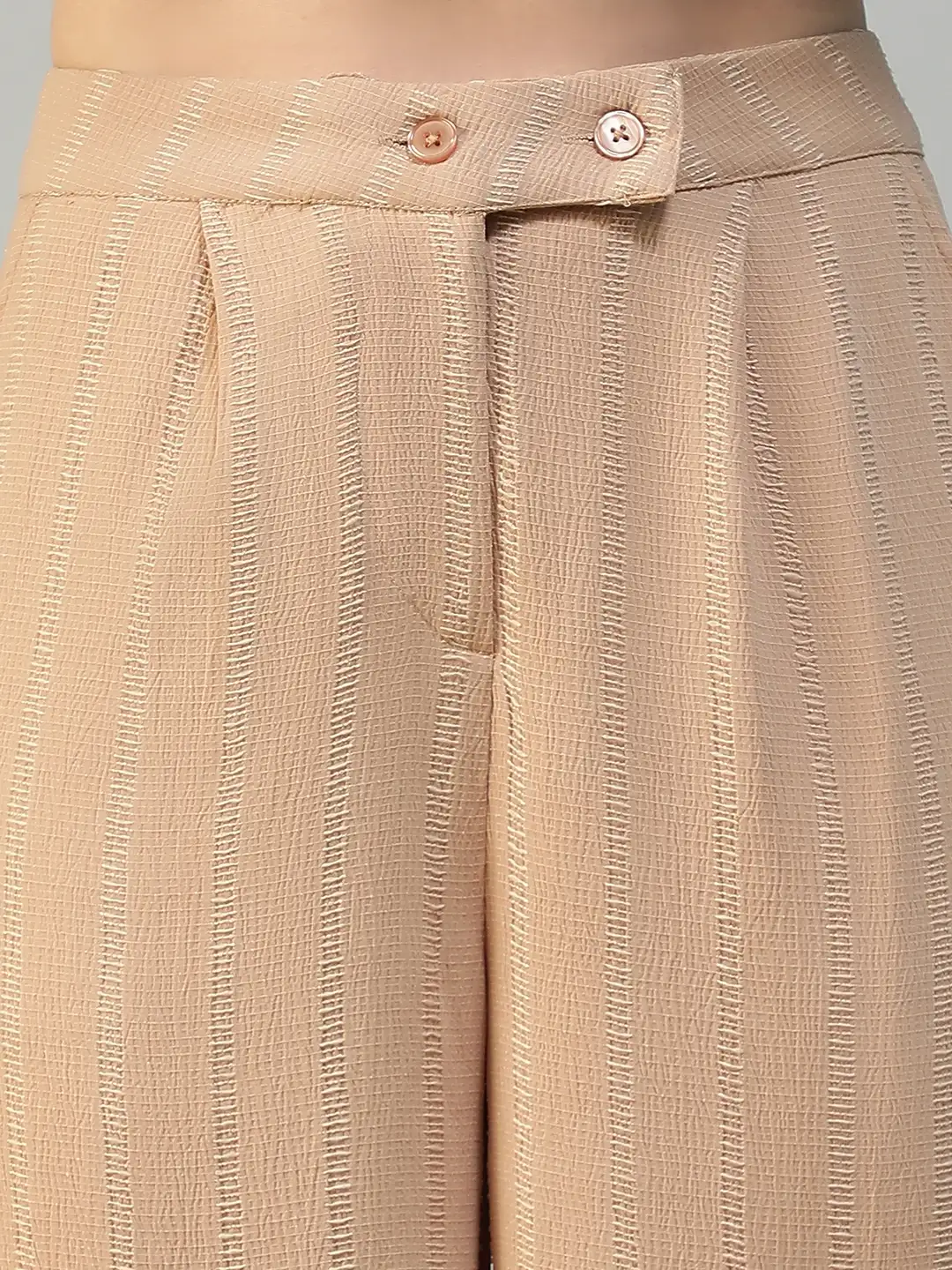 Women Beige Straight Pants with Zip & Button Closure - Image 6