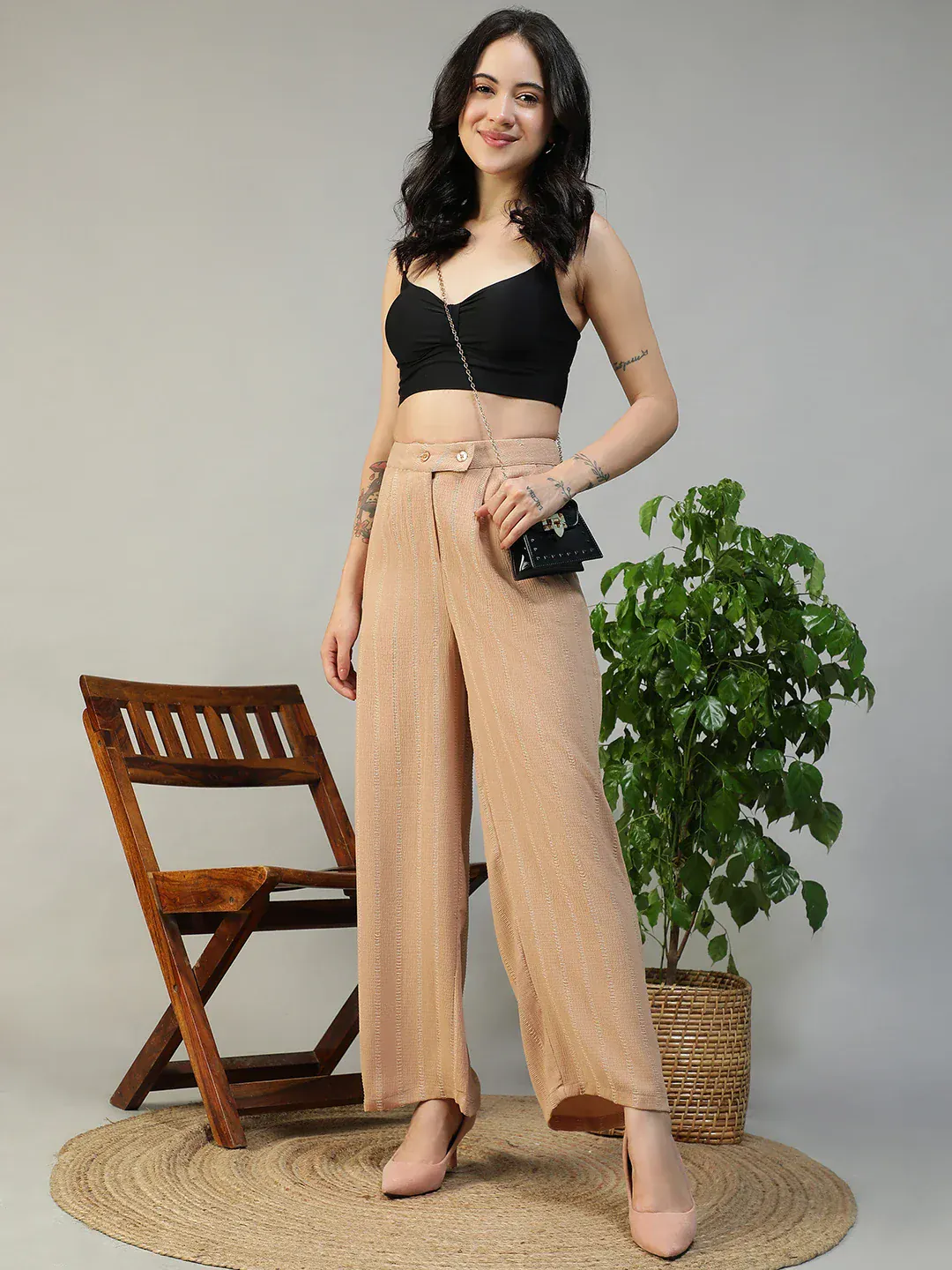 Women Beige Straight Pants with Zip & Button Closure - Image 7
