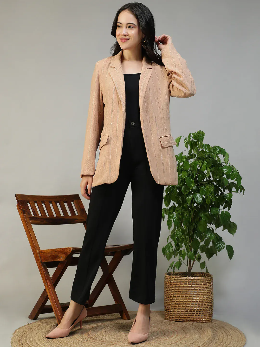 Women Beige Stripe Dobby Button-Down Blazer With Front Pockets | Oxolloxo - Image 3