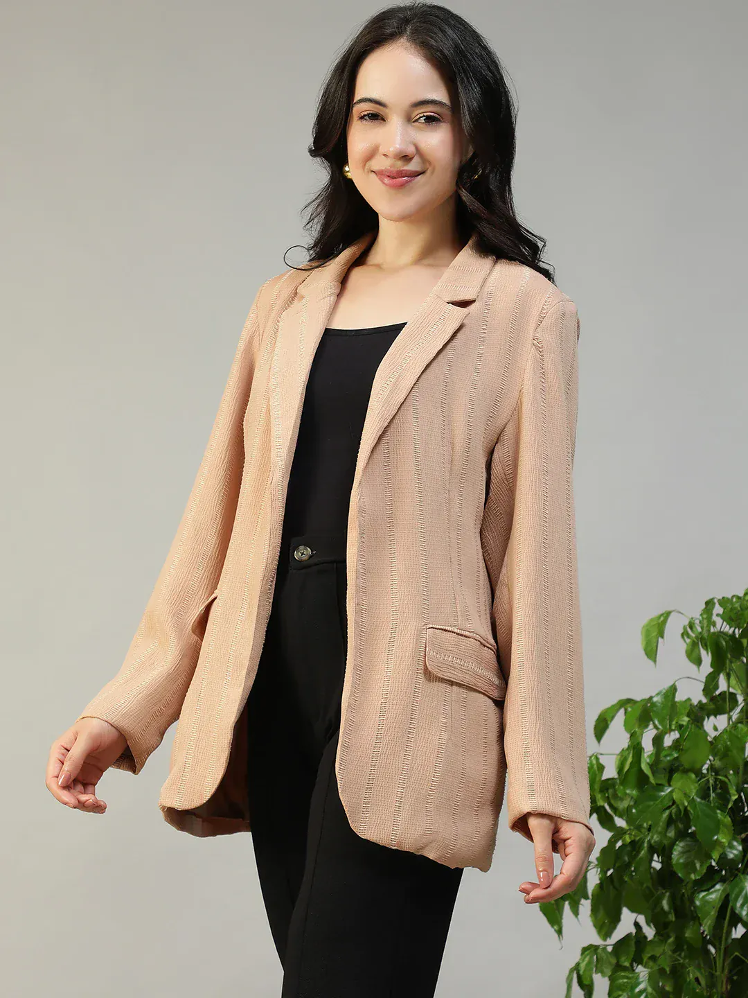 Women Beige Stripe Dobby Button-Down Blazer With Front Pockets | Oxolloxo - Image 4