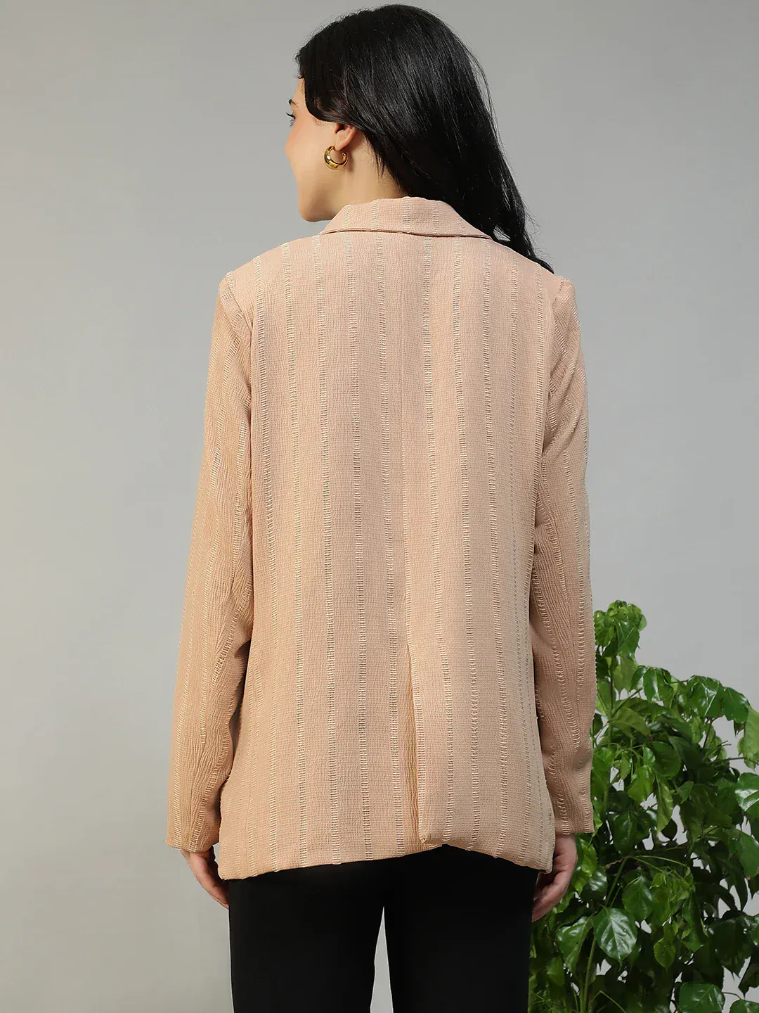 Women Beige Stripe Dobby Button-Down Blazer With Front Pockets | Oxolloxo - Image 6