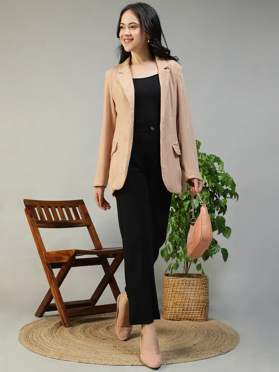 Women Beige Stripe Dobby Button-Down Blazer With Front Pockets | Oxolloxo - Image 7