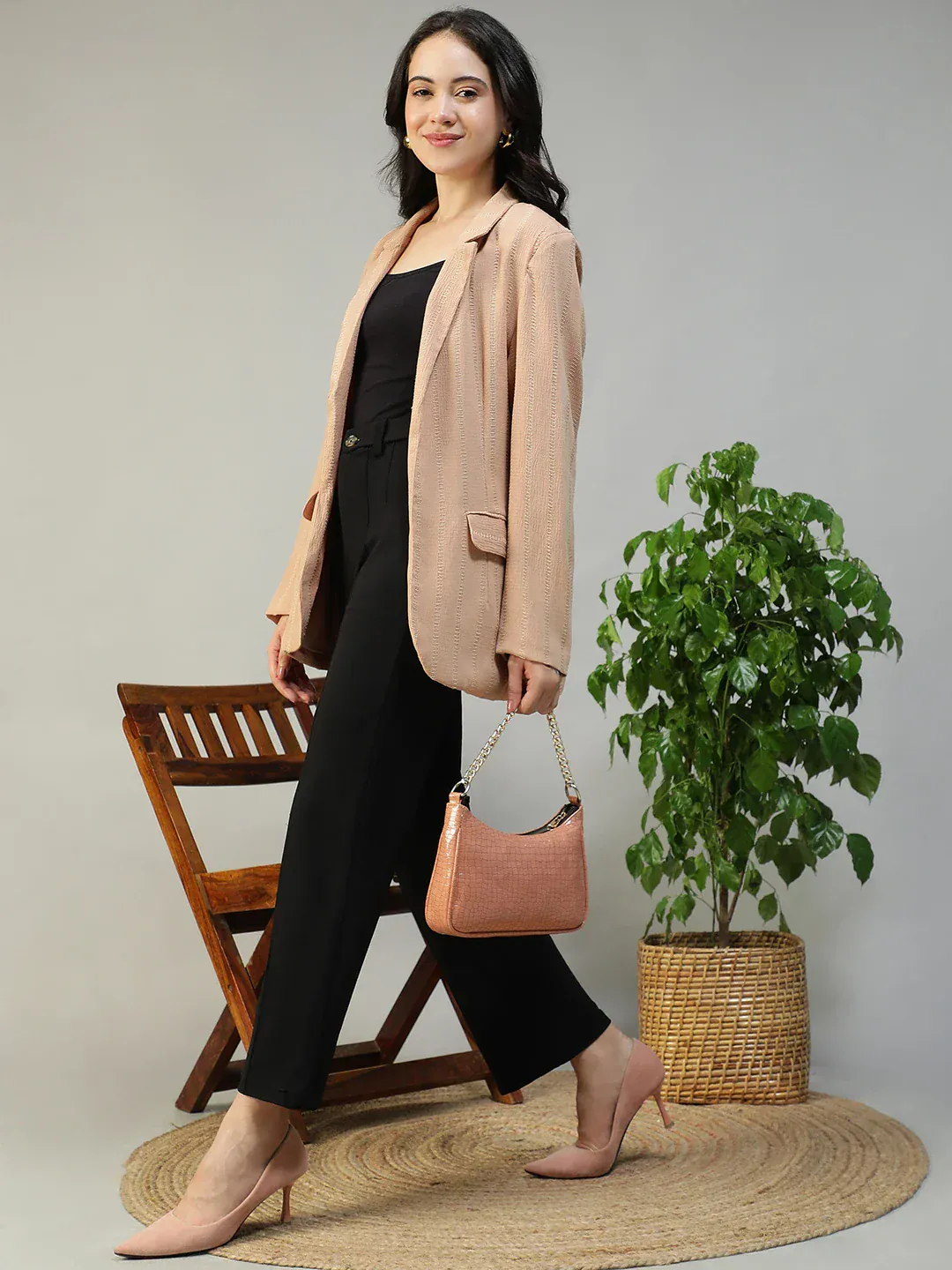 Women Beige Stripe Dobby Button-Down Blazer With Front Pockets | Oxolloxo - Image 8