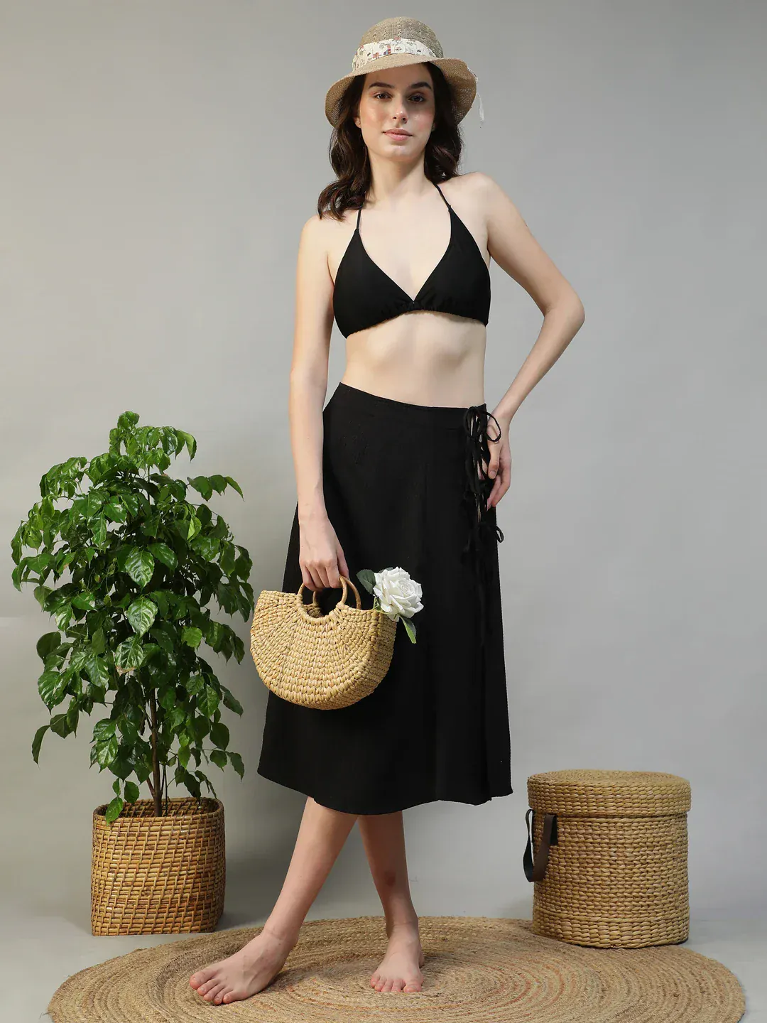 Women Black Below-Knee Elastic Waist with Side Tie-up Beachwear Skirt - Image 6