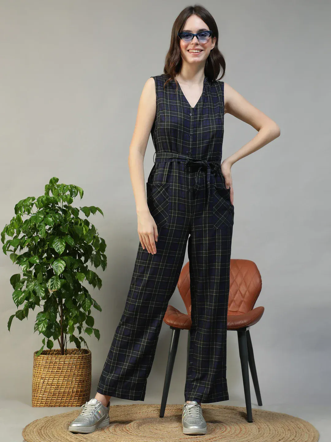 Women Black Check Print Jumpsuit with Belt & Pockets - Image 7