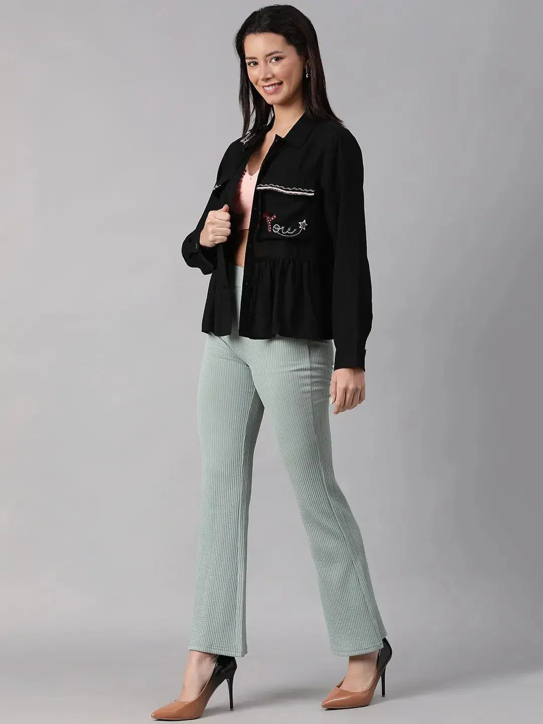 Women Black Collared Long Sleeve Floral Embellished Buttoned Cotton Bomber Jacket - Image 2