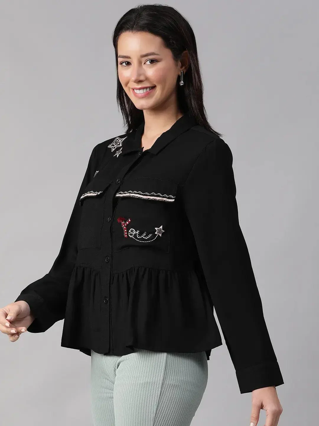 Women Black Collared Long Sleeve Floral Embellished Buttoned Cotton Bomber Jacket - Image 3