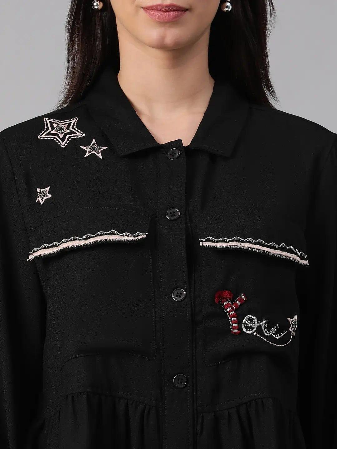 Women Black Collared Long Sleeve Floral Embellished Buttoned Cotton Bomber Jacket - Image 6