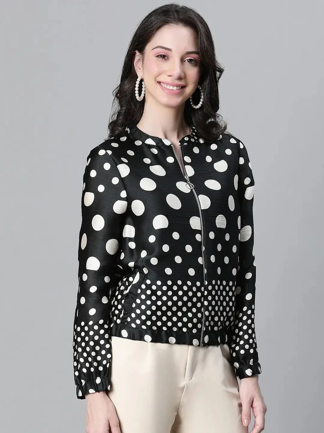 Women Black Dot Print Round Neck Zip Lined Long Sleeve Bomber Jacket - Image 4