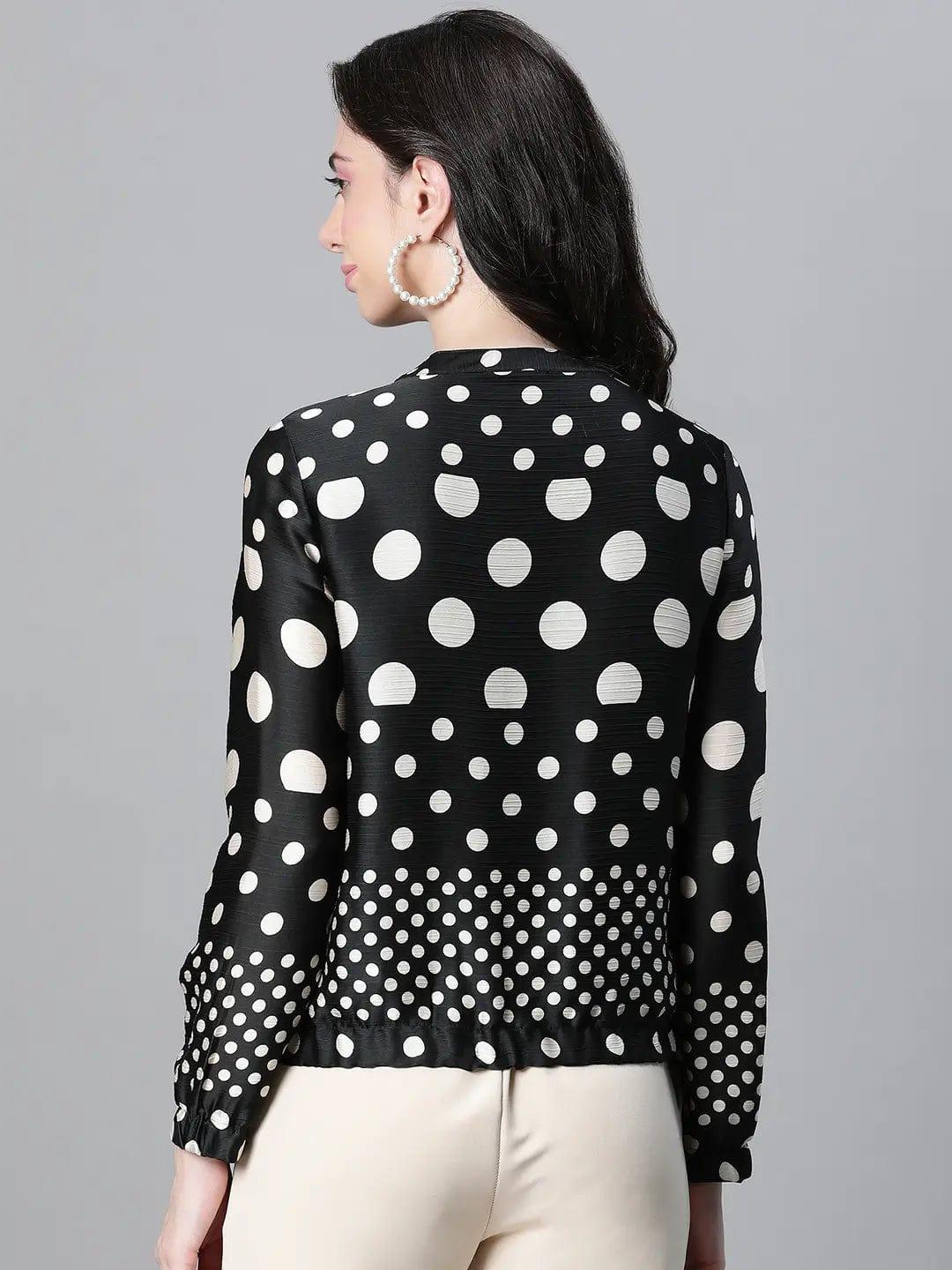 Women Black Dot Print Round Neck Zip Lined Long Sleeve Bomber Jacket - Image 5