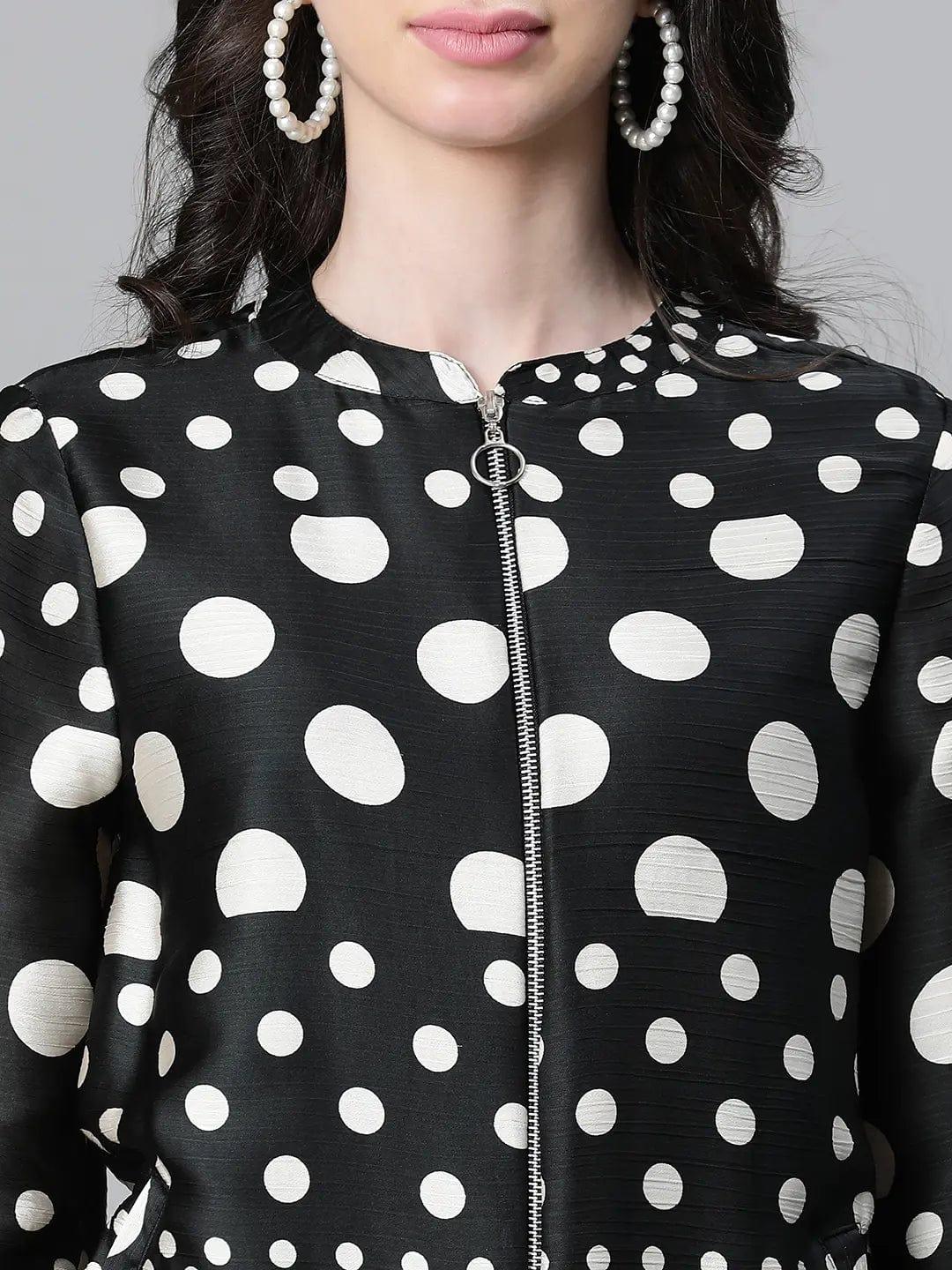Women Black Dot Print Round Neck Zip Lined Long Sleeve Bomber Jacket - Image 6