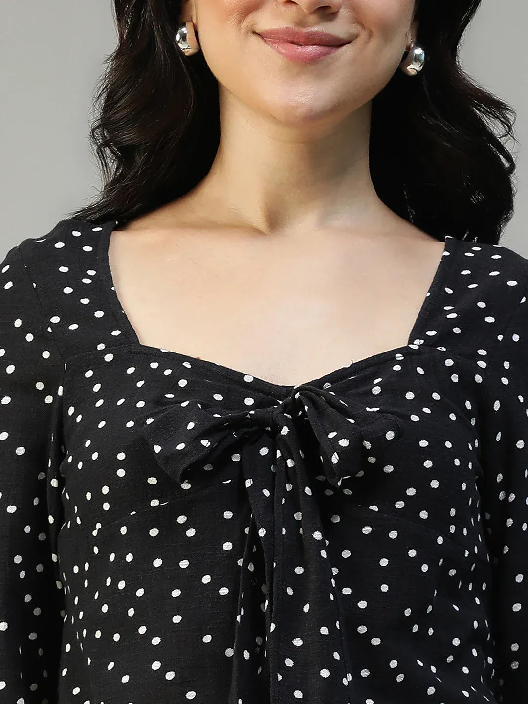 Women Black Dot Print Sweetheart Neck Long Sleeve Cotton Linen Top - Image 2