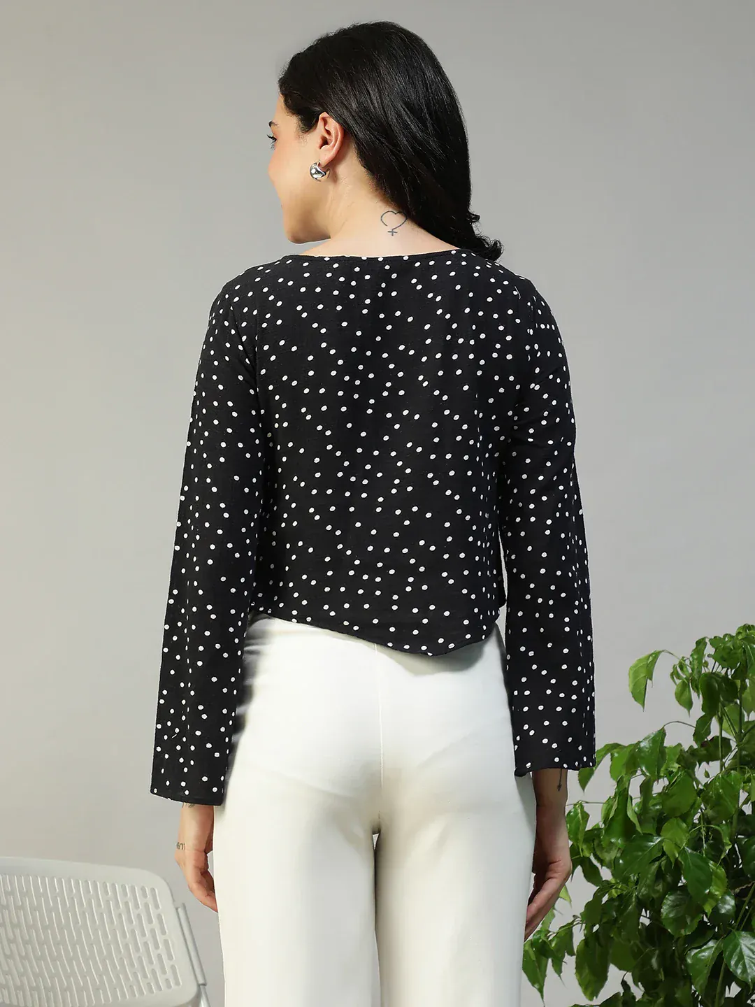 Women Black Dot Print Sweetheart Neck Long Sleeve Cotton Linen Top - Image 5