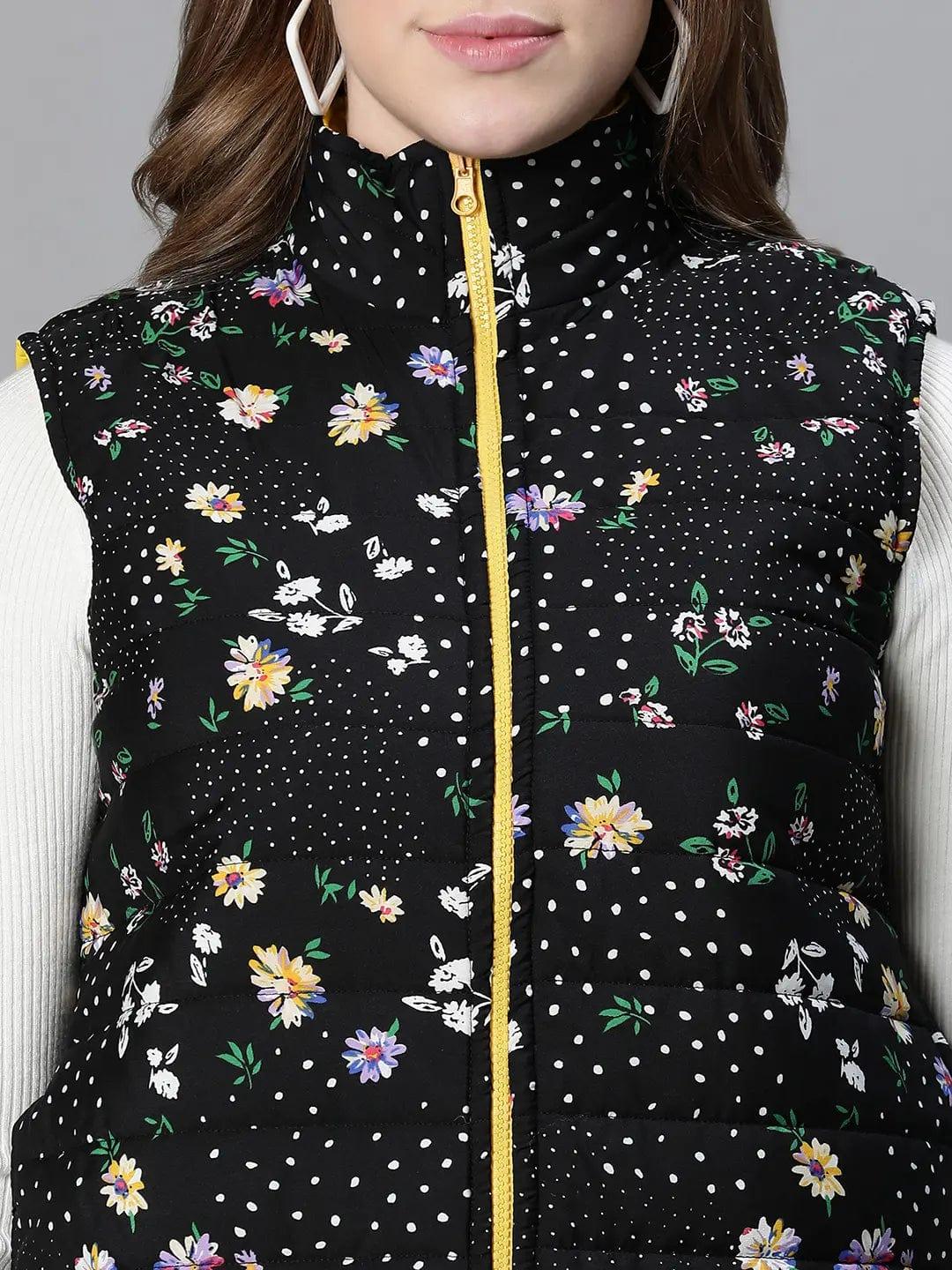 Women Black Floral Print Zip Lined Sleevless Reversible Jacket - Image 6