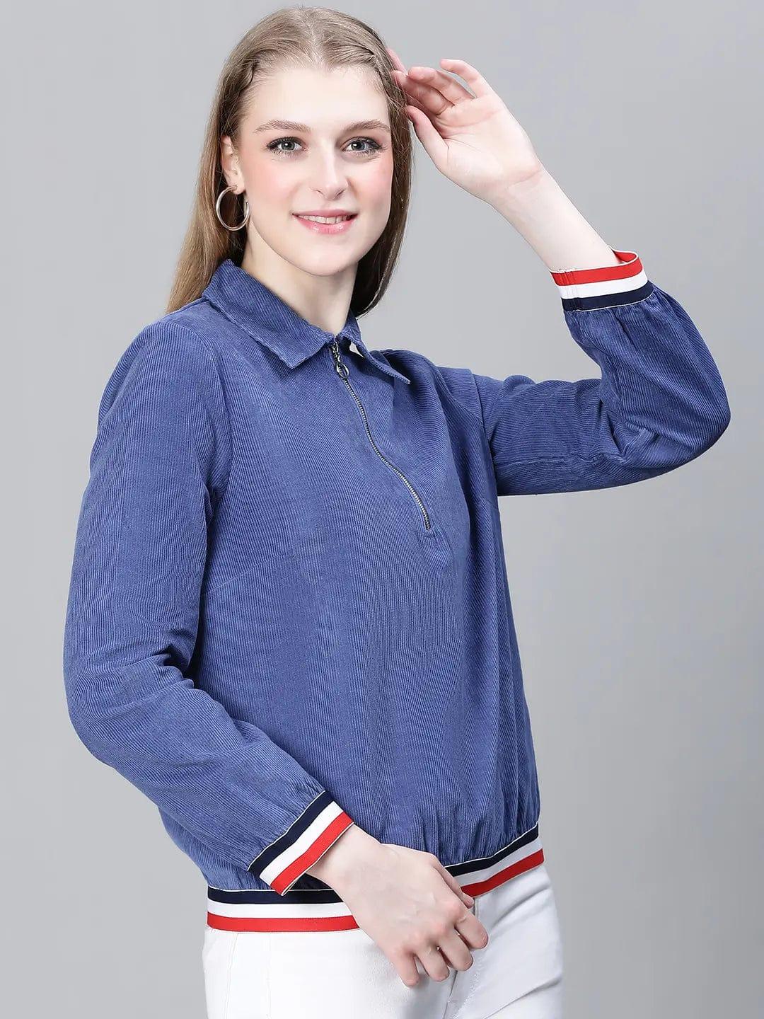 Women Blue Collared Zipped Long Sleeve Cotton Bomber Jacket - Image 4
