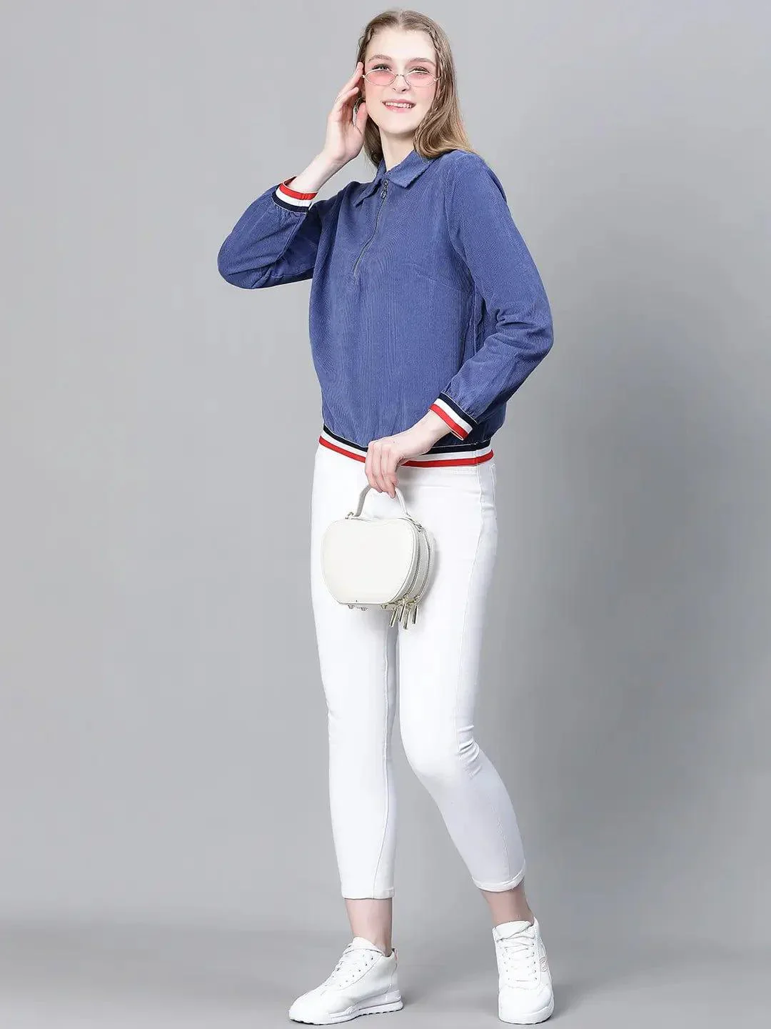 Women Blue Collared Zipped Long Sleeve Cotton Bomber Jacket - Image 7