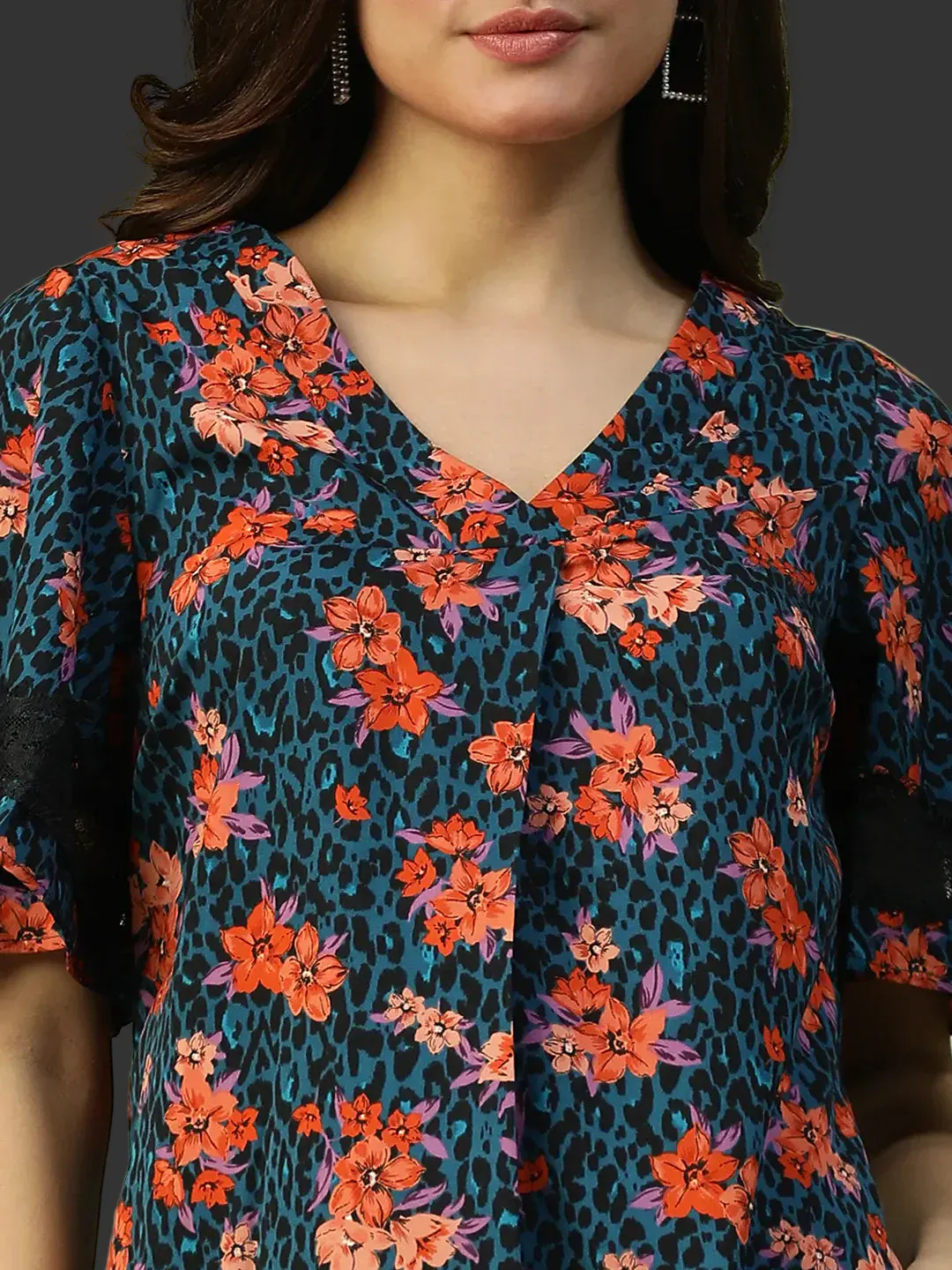 Women Blue Floral Dress – Short Lace Detail Casual Wear - Image 2