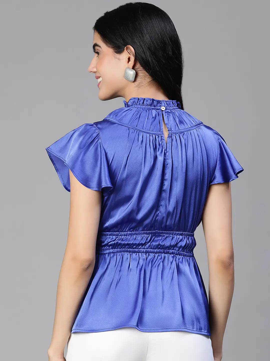 Women Blue Round Neck Ruffle Elasticatedsatin Party Top - Image 5