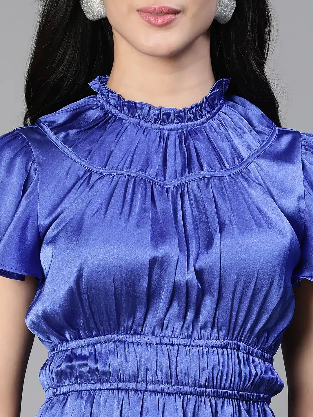 Women Blue Round Neck Ruffle Elasticatedsatin Party Top - Image 6