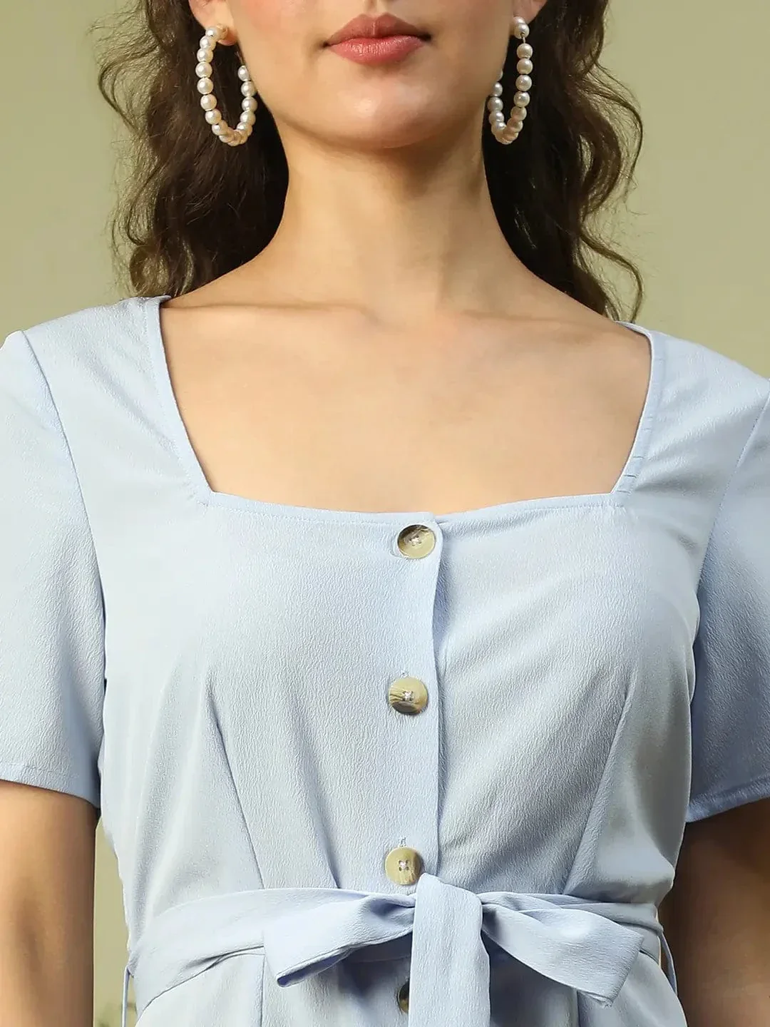 Women Blue Round Neck Short Sleeve Button Down Dress With Pocket Detail and Tie Knot Waist Belt - Image 6
