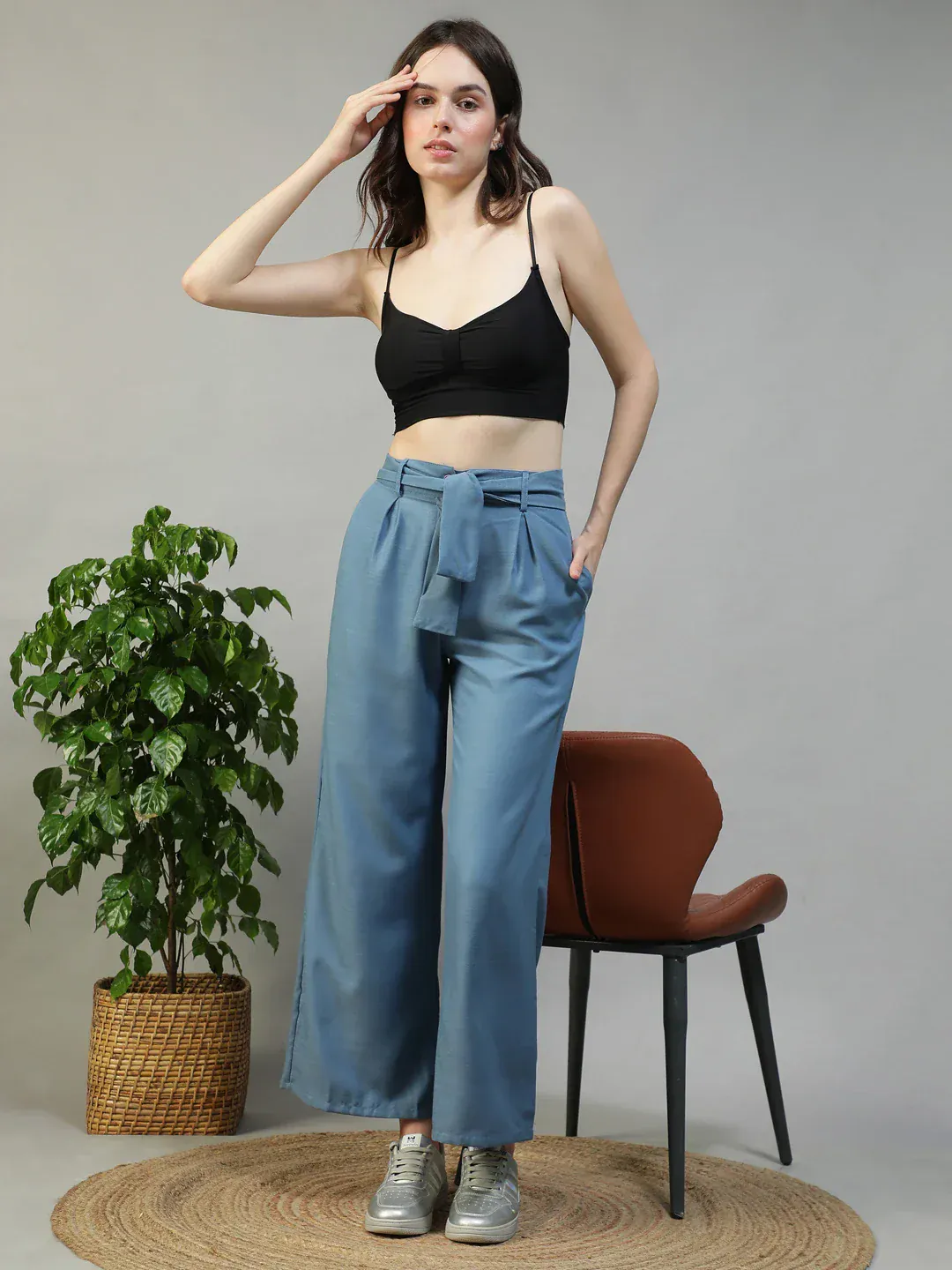 Women Blue Straight Pants with Tie-Up Belt & Utility Pockets - Image 3