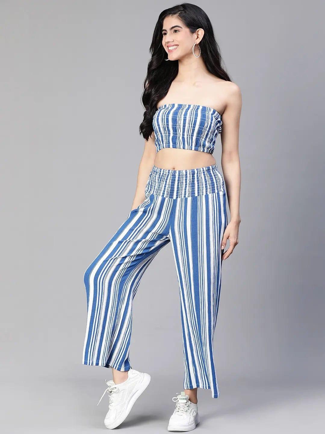 Women Blue Stripe Print Bustier Top and Pant Set - Image 2