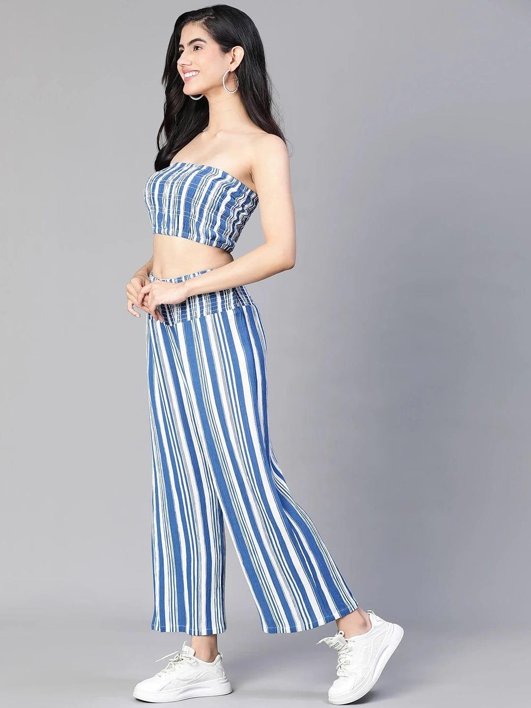 Women Blue Stripe Print Bustier Top and Pant Set - Image 3