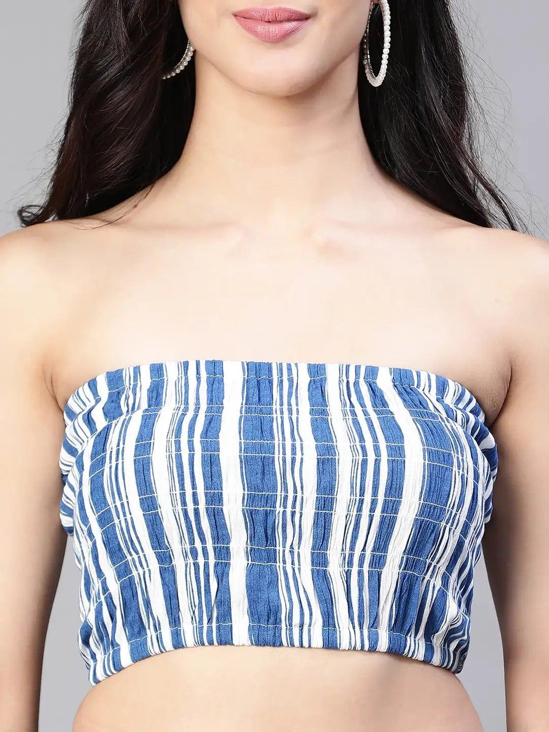 Women Blue Stripe Print Bustier Top and Pant Set - Image 6