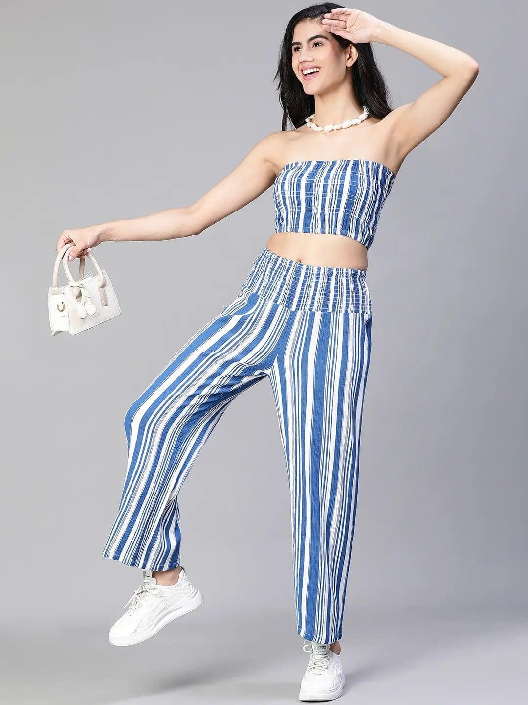 Women Blue Stripe Print Bustier Top and Pant Set - Image 7