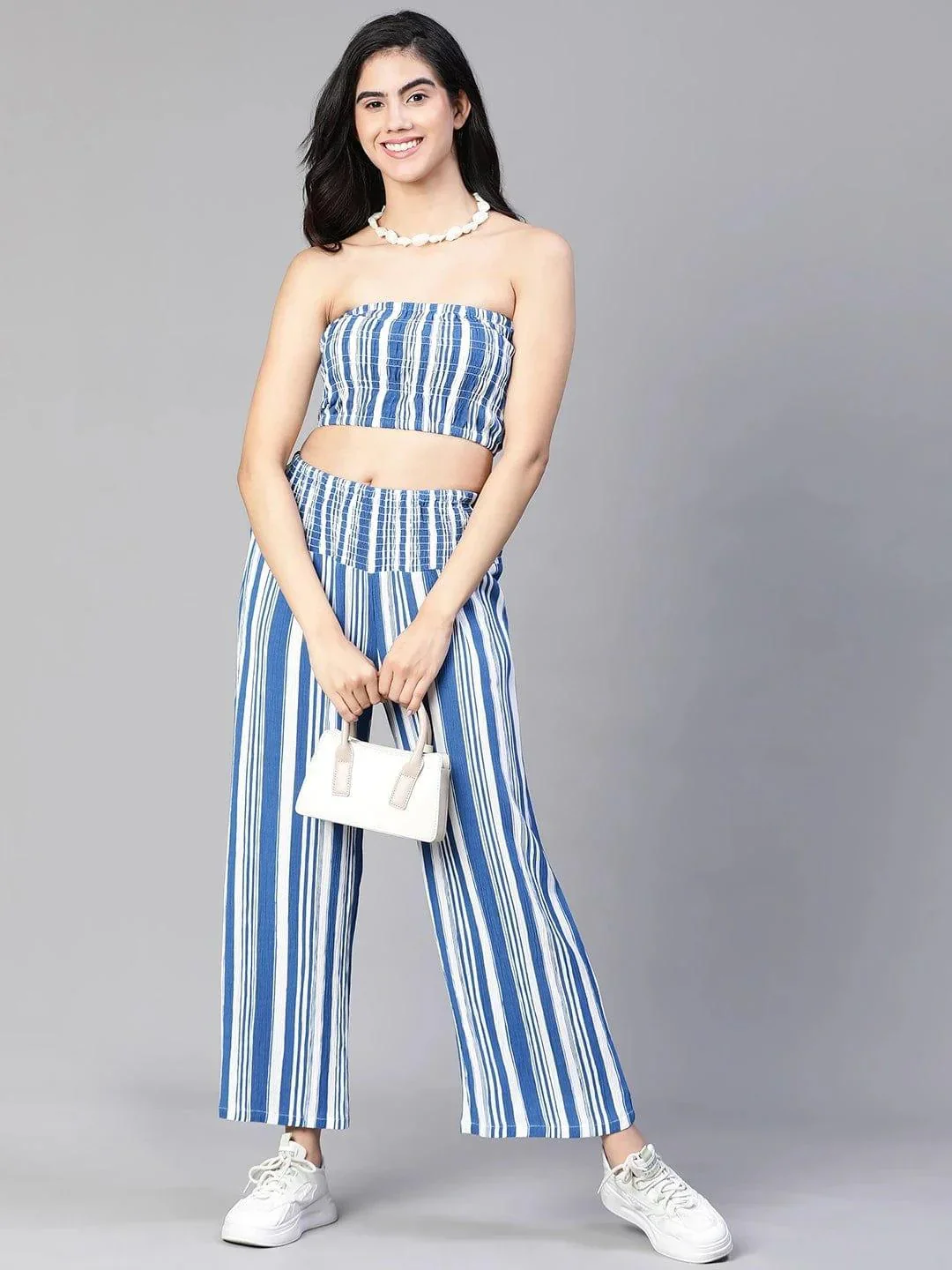 Women Blue Stripe Print Bustier Top and Pant Set - Image 8