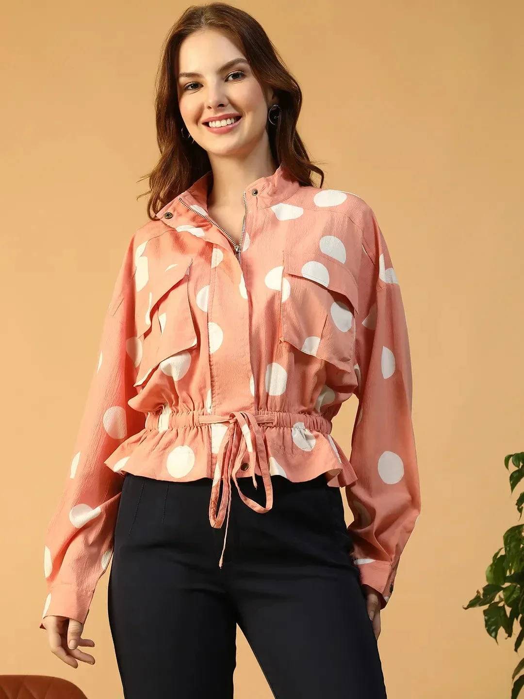 Women Bomber Jacket - Light Pink Polka Dot High Neck Long Sleeve Outerwear