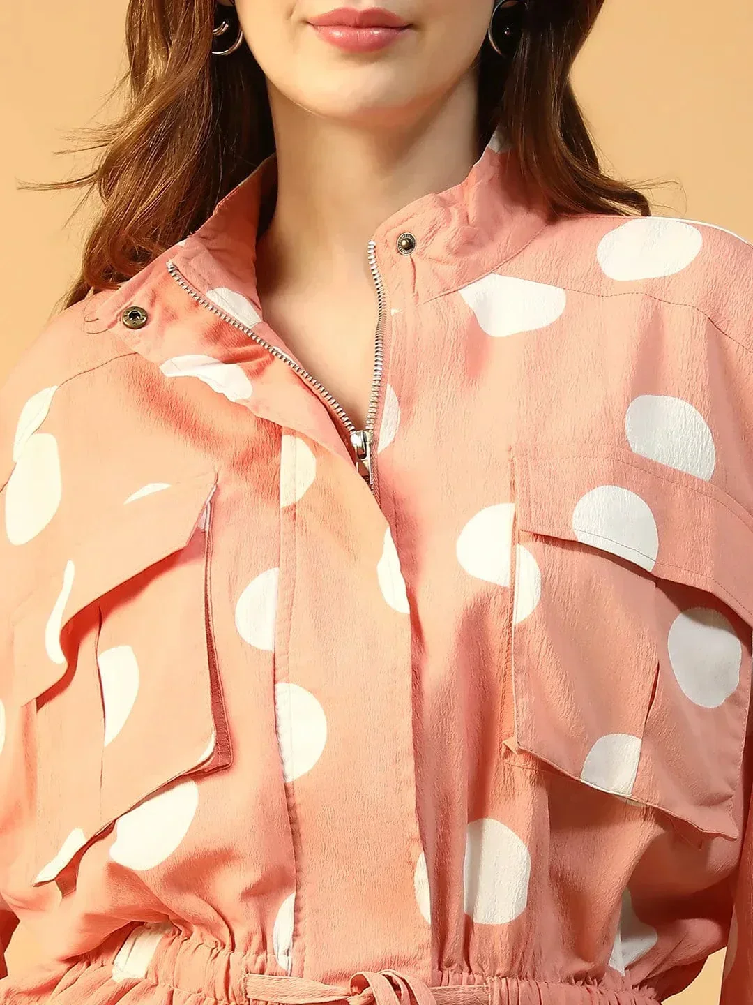 Women Bomber Jacket - Light Pink Polka Dot High Neck Long Sleeve Outerwear - Image 6