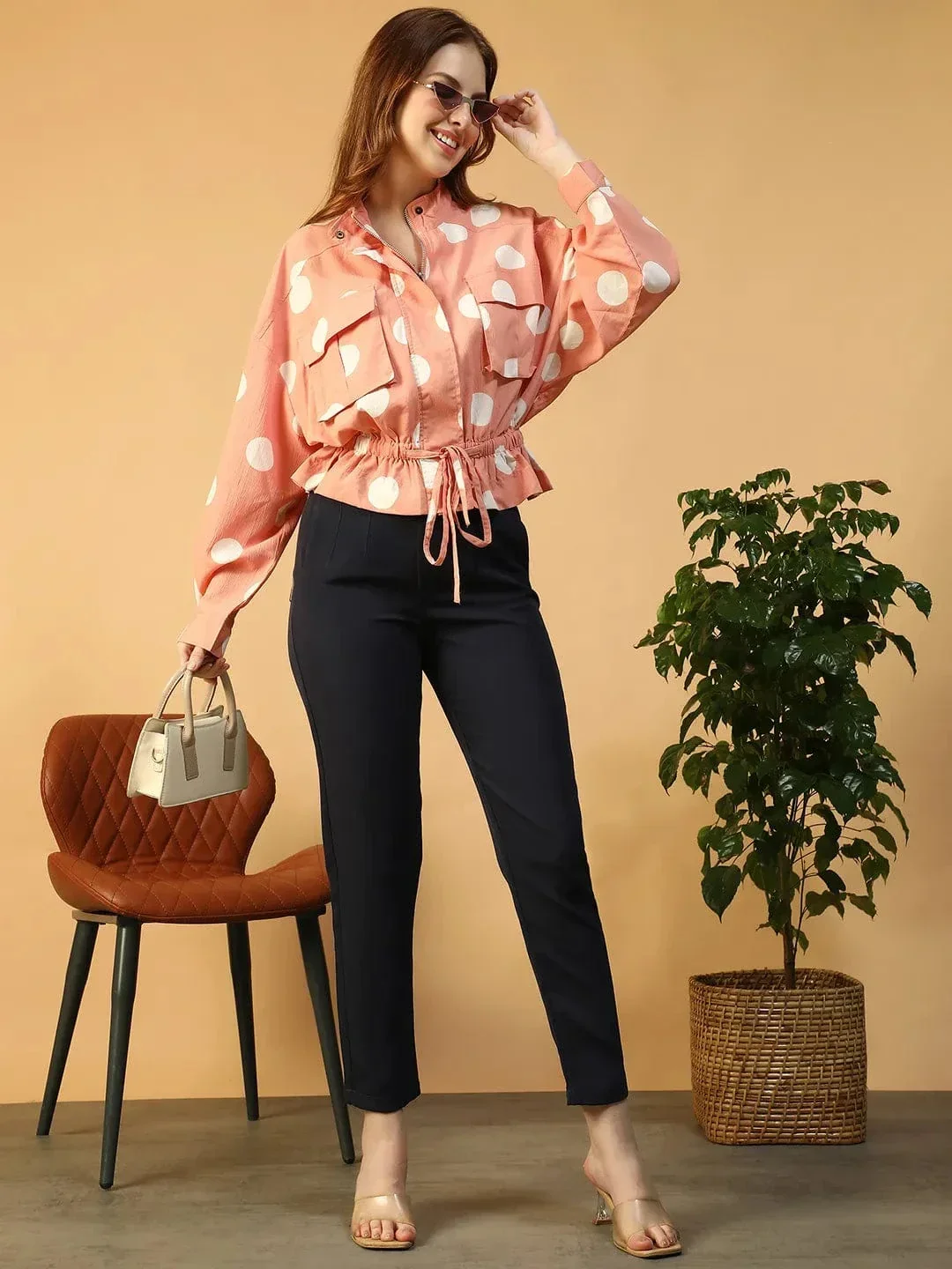 Women Bomber Jacket - Light Pink Polka Dot High Neck Long Sleeve Outerwear - Image 8