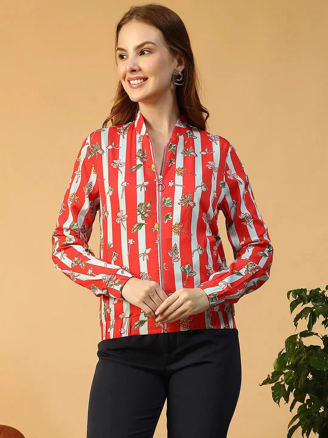 Women Bomber Jacket - Red Floral Print Zip Front Lightweight Spring Jacket