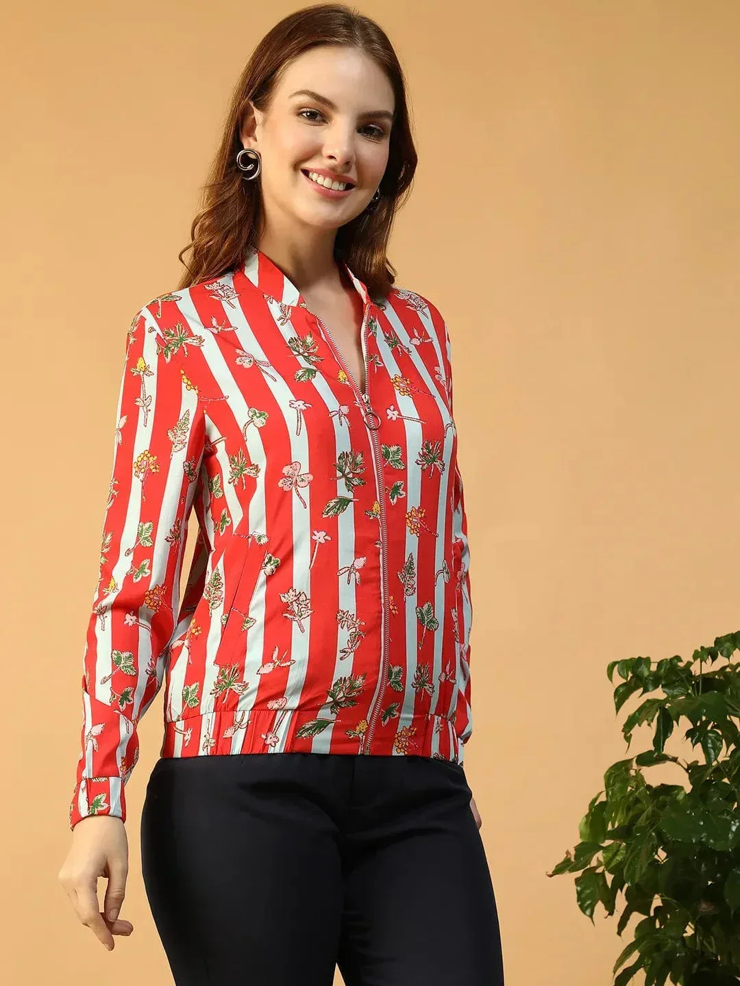 Women Bomber Jacket - Red Floral Print Zip Front Lightweight Spring Jacket - Image 4