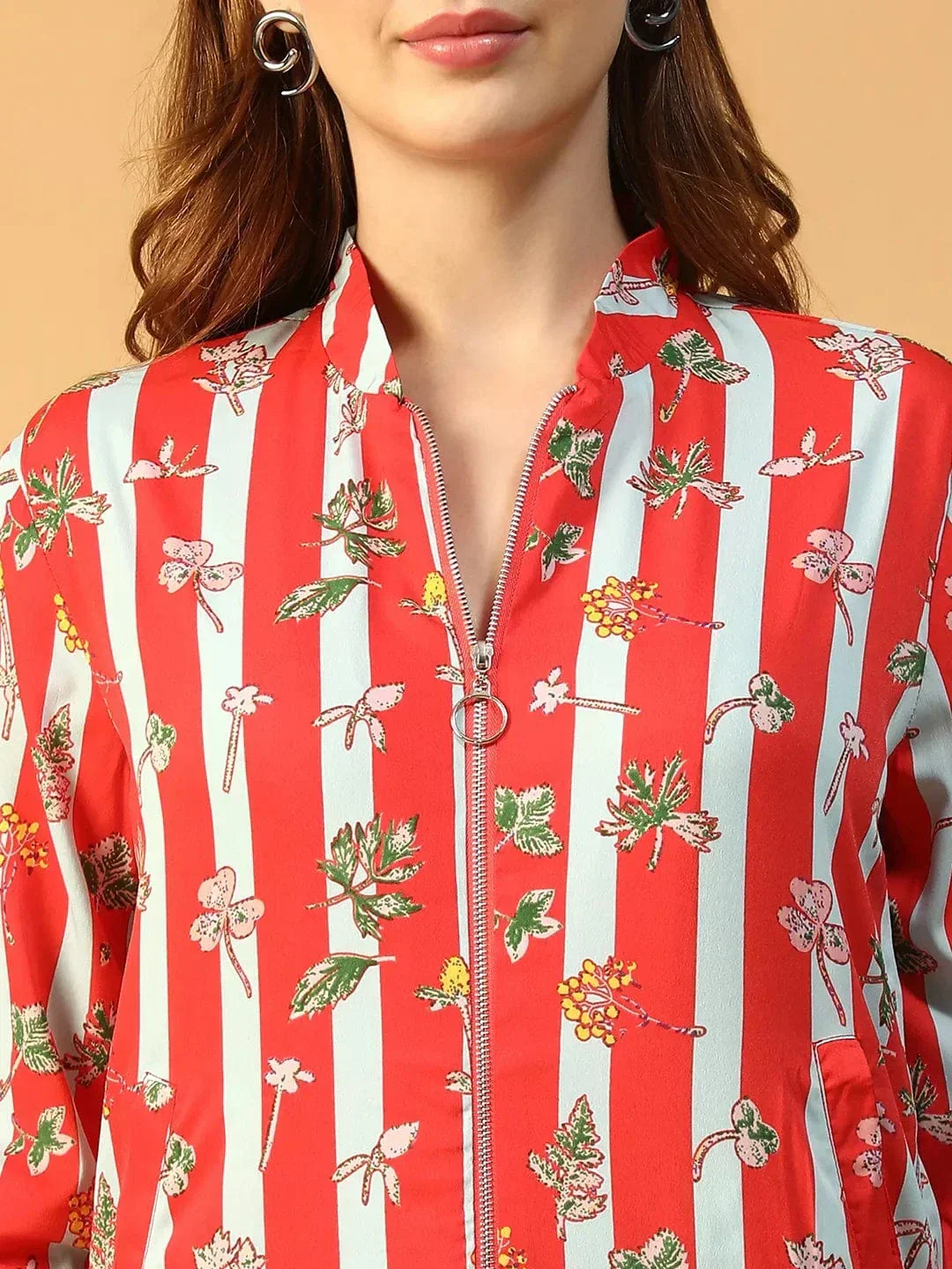 Women Bomber Jacket - Red Floral Print Zip Front Lightweight Spring Jacket - Image 6