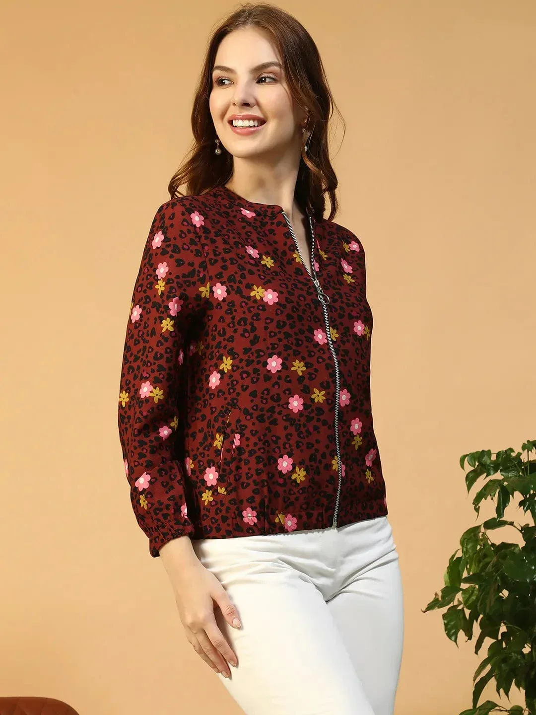 Women Bomber Jacket - Rust Color Floral Print Zip Front Long Sleeve Casual - Image 4