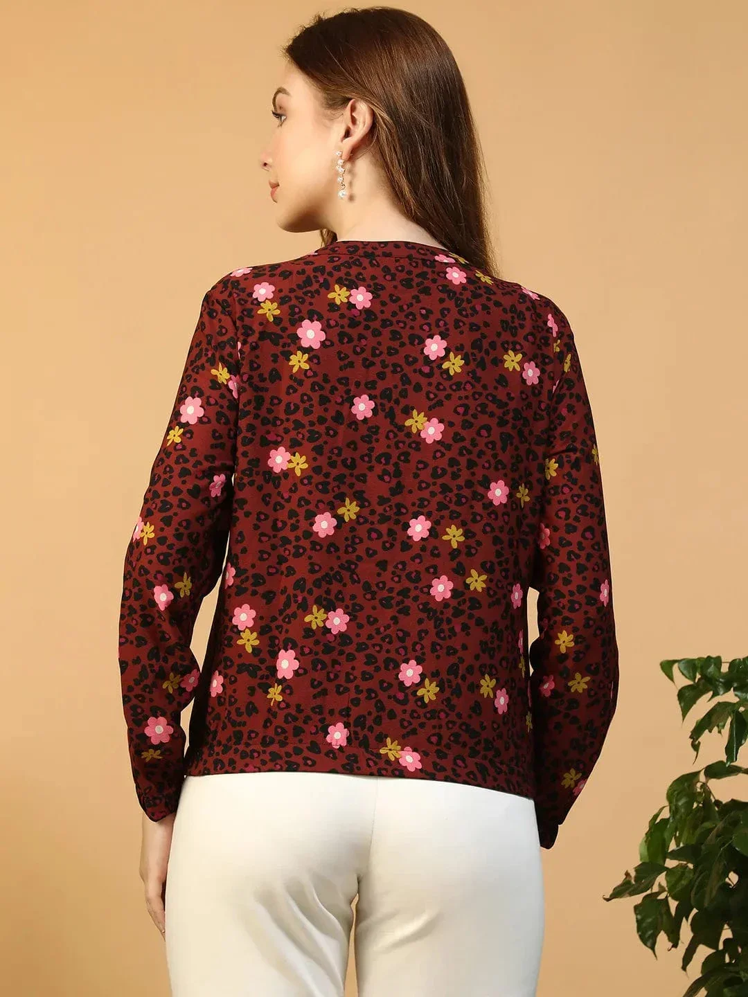 Women Bomber Jacket - Rust Color Floral Print Zip Front Long Sleeve Casual - Image 5