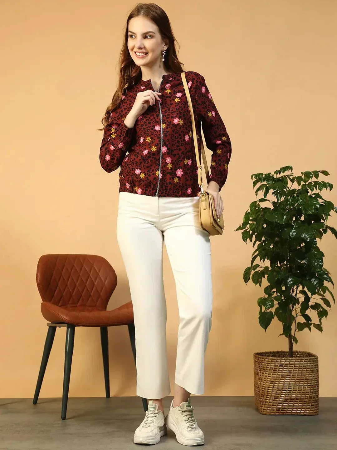 Women Bomber Jacket - Rust Color Floral Print Zip Front Long Sleeve Casual - Image 7